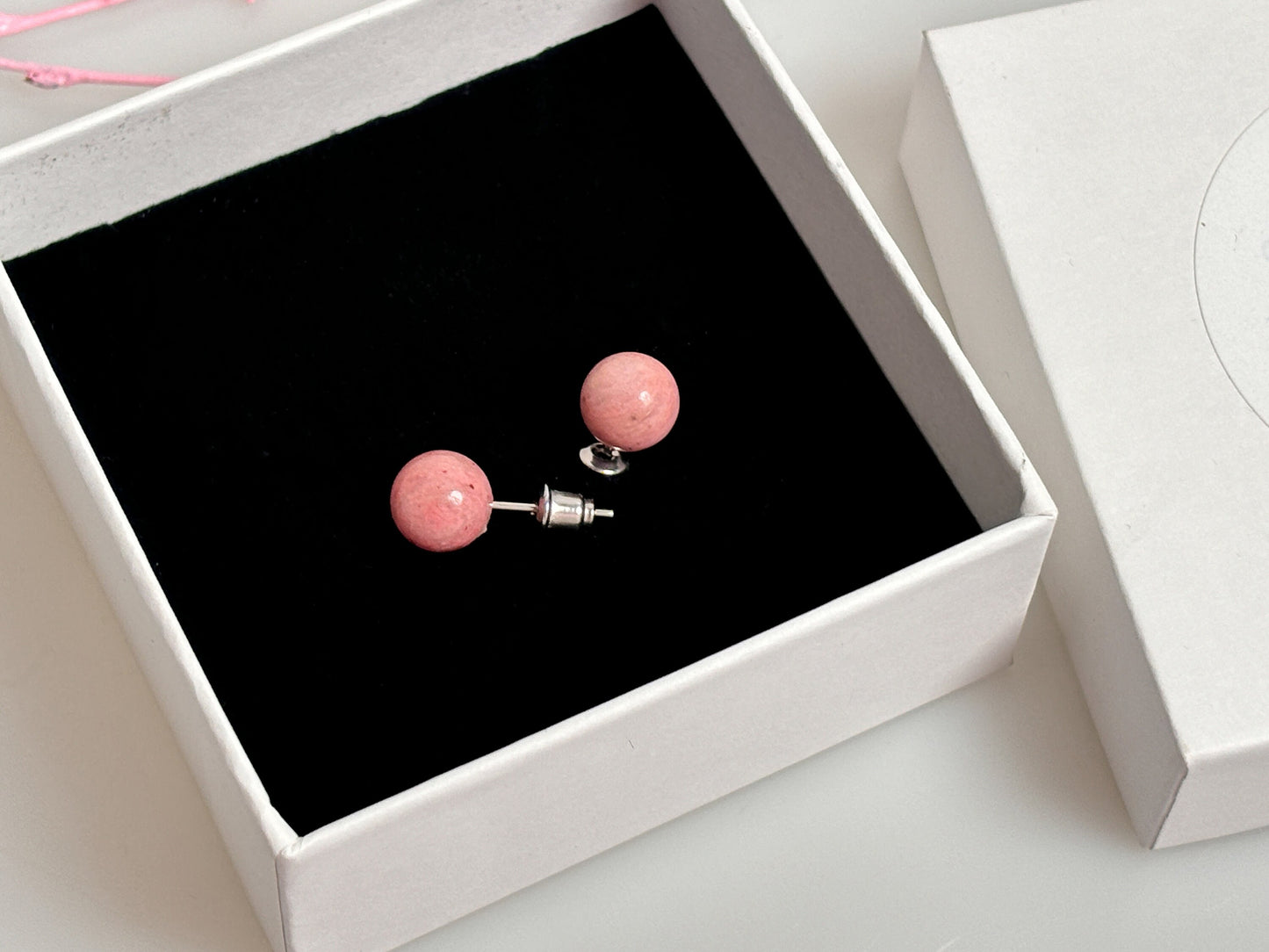 Stainless steel stud earrings with 8mm rhodonite beads - natural jewelry for every day