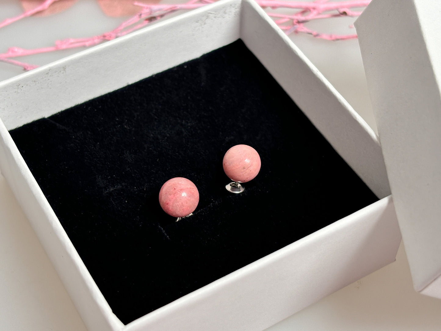 Stainless steel stud earrings with 8mm rhodonite beads - natural jewelry for every day