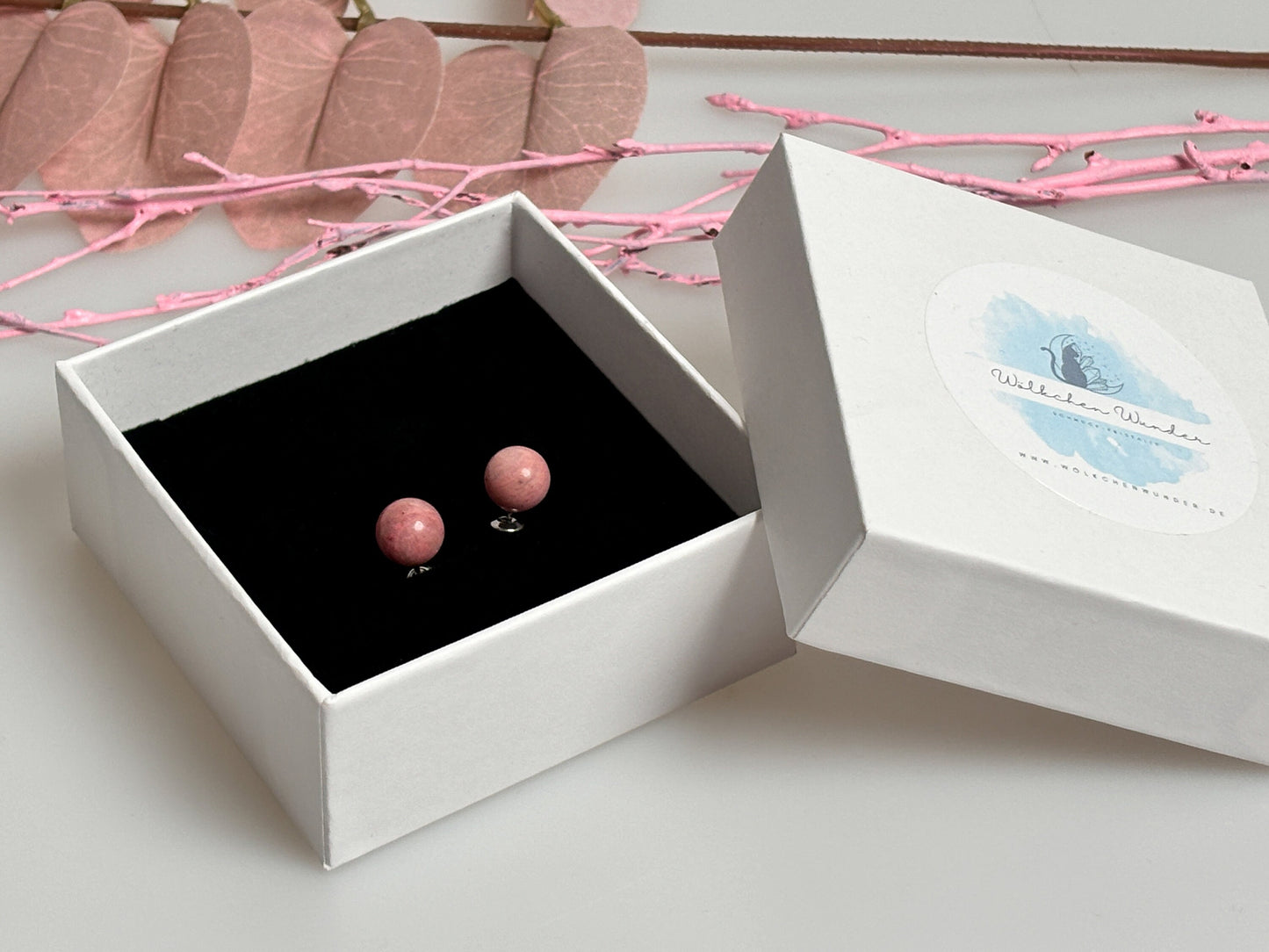 Stainless steel stud earrings with 8mm rhodonite beads - natural jewelry for every day