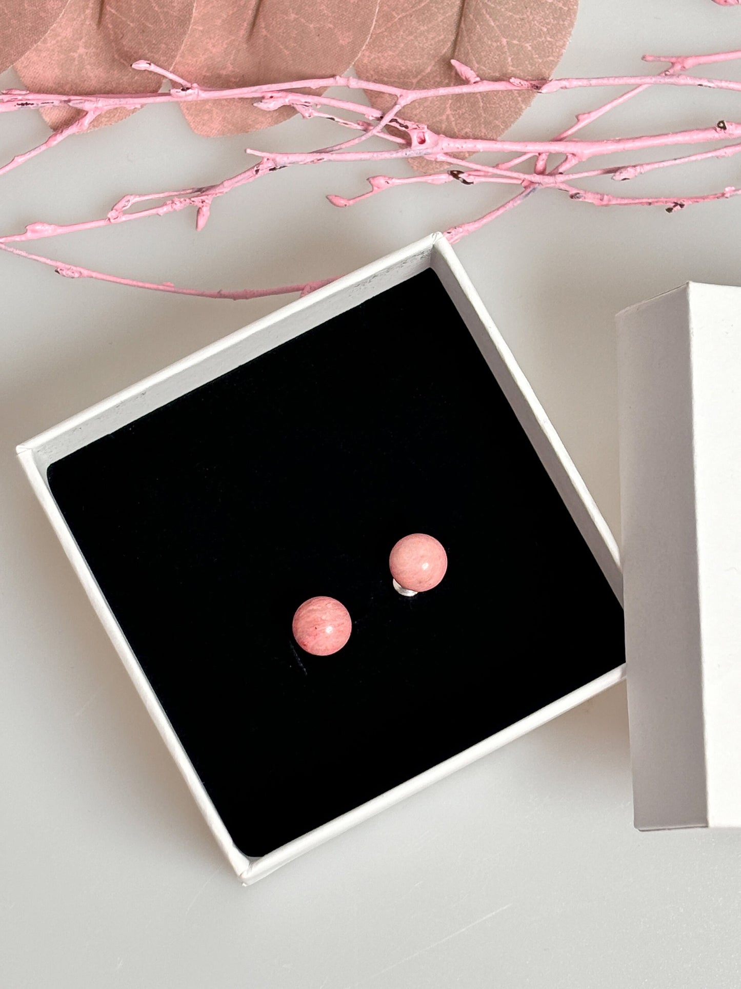 Stainless steel stud earrings with 8mm rhodonite beads - natural jewelry for every day