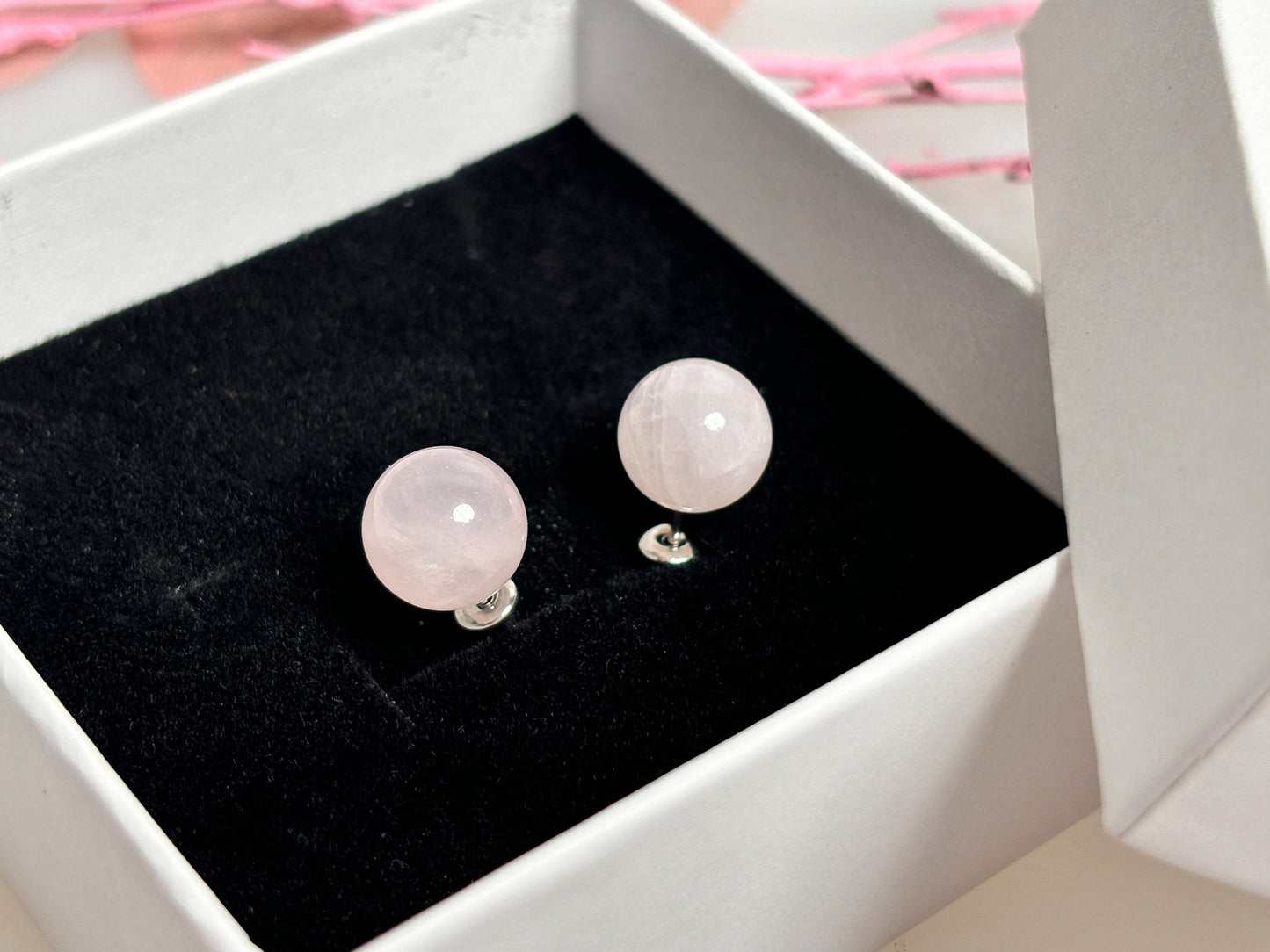 Stainless steel earrings with 8mm rose quartz beads