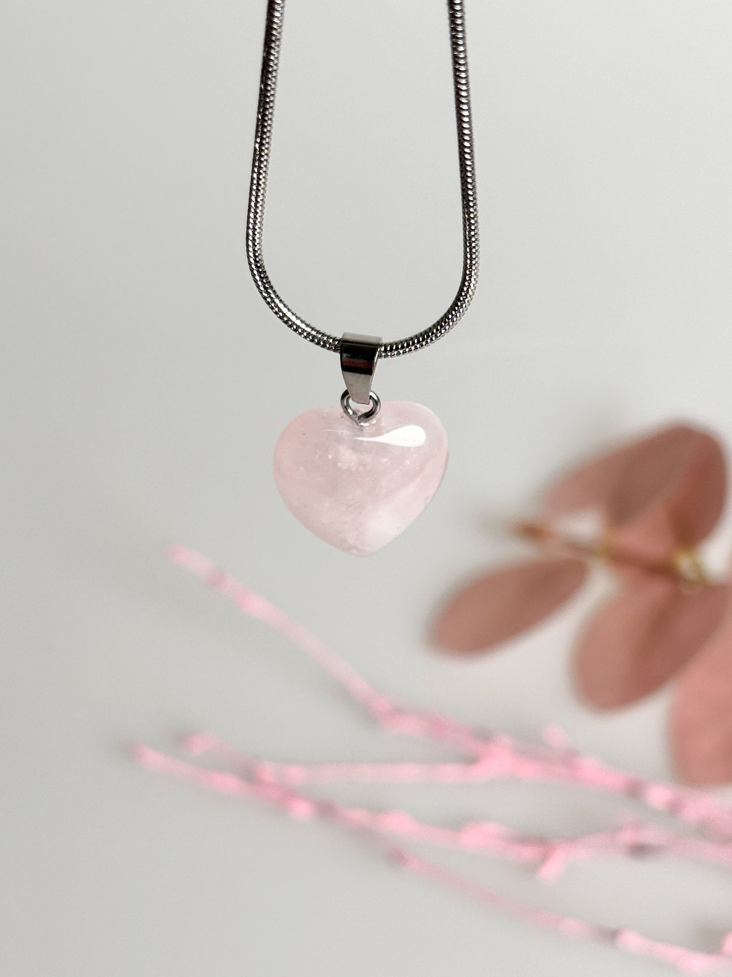 Delicate rose quartz heart necklace pendant - silver eyelet - 1.5x1.5cm