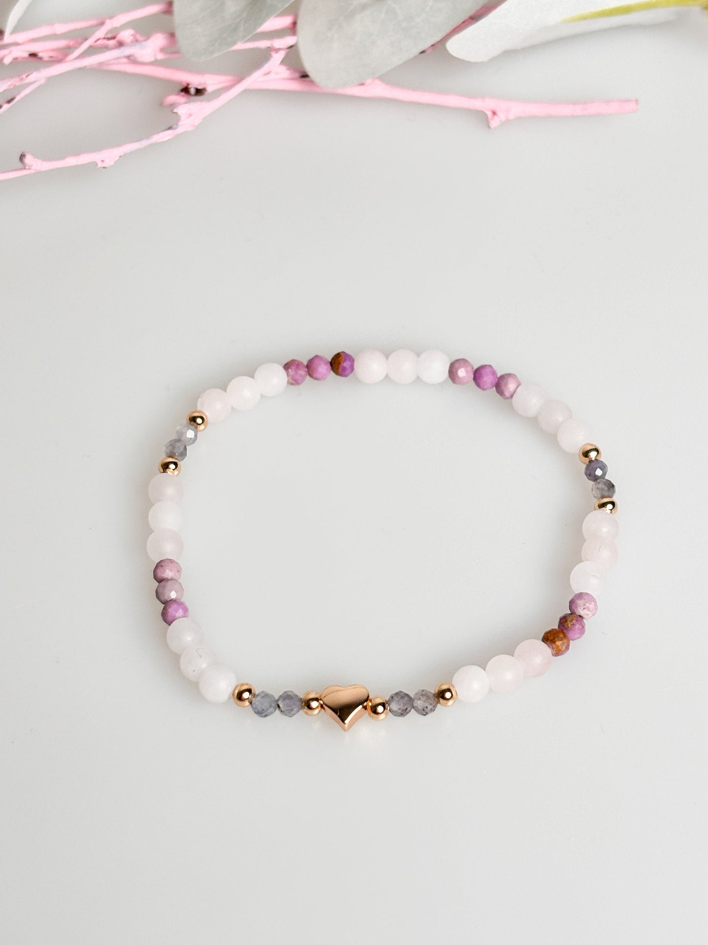 Delicate Rose Quartz, Kyanite and Phosphosiderite Bracelet - Elastic 3mm Bead Bracelet