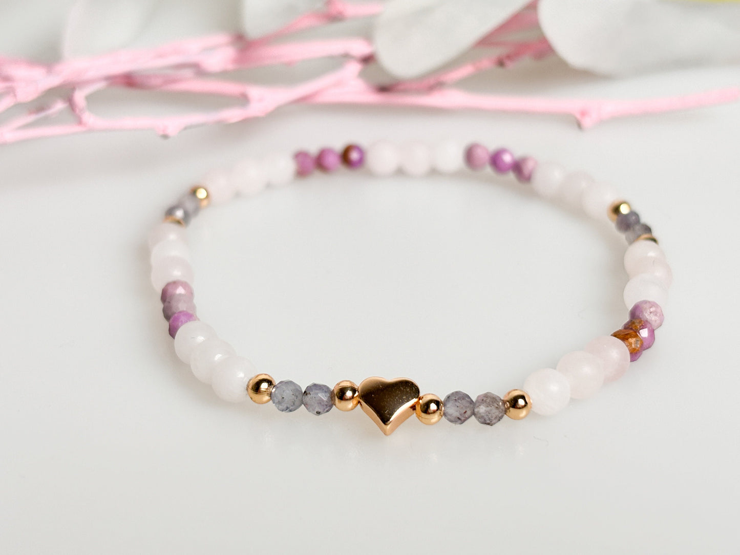 Delicate Rose Quartz, Kyanite and Phosphosiderite Bracelet - Elastic 3mm Bead Bracelet