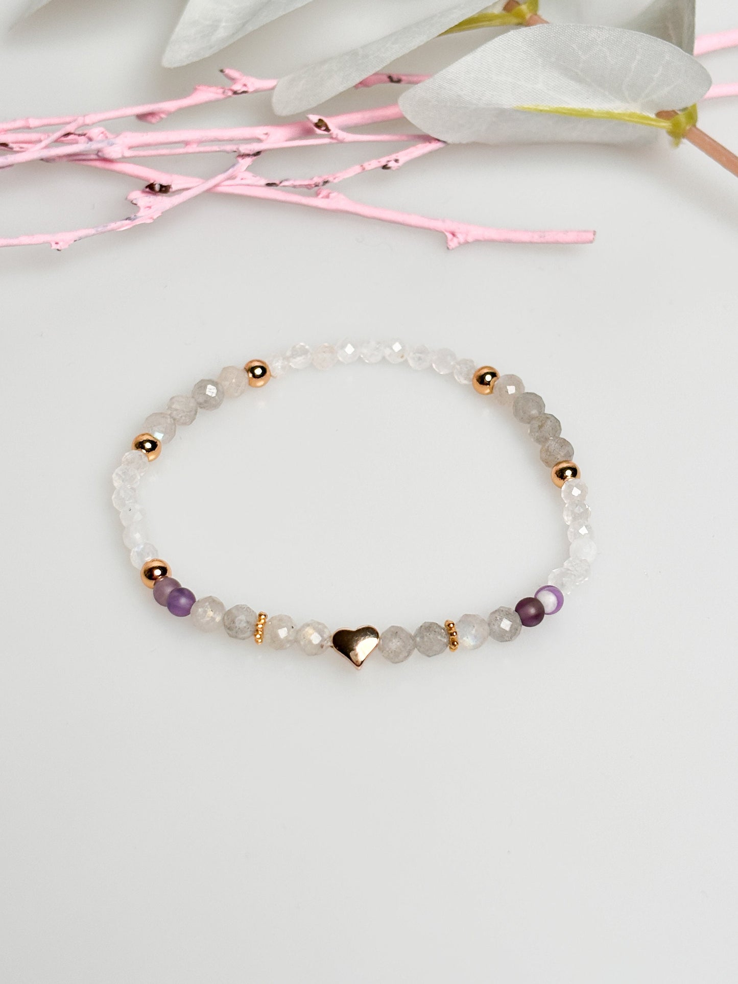 Delicate bracelet with rose quartz, labradorite, moonstone and amethyst