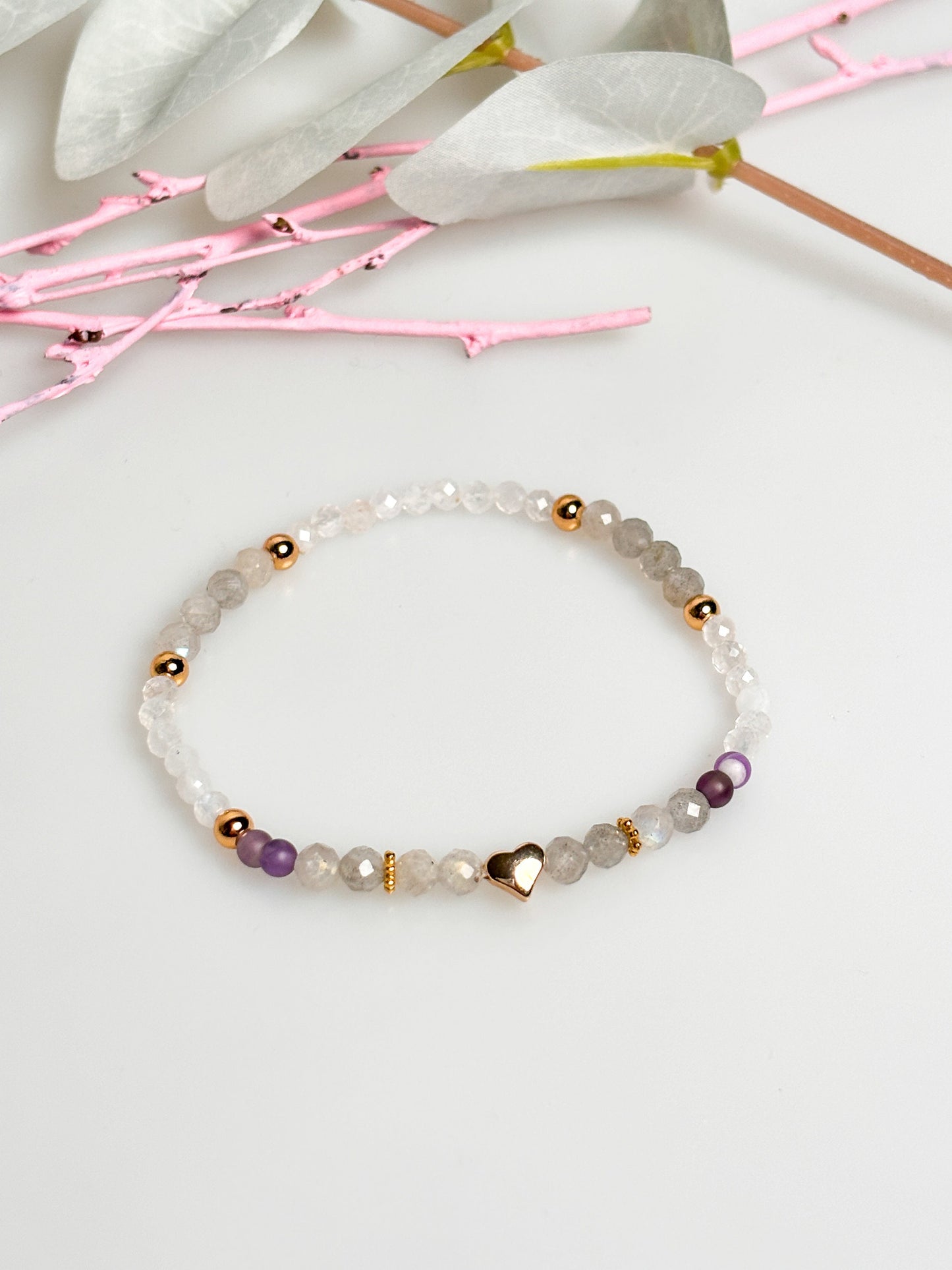 Delicate bracelet with rose quartz, labradorite, moonstone and amethyst