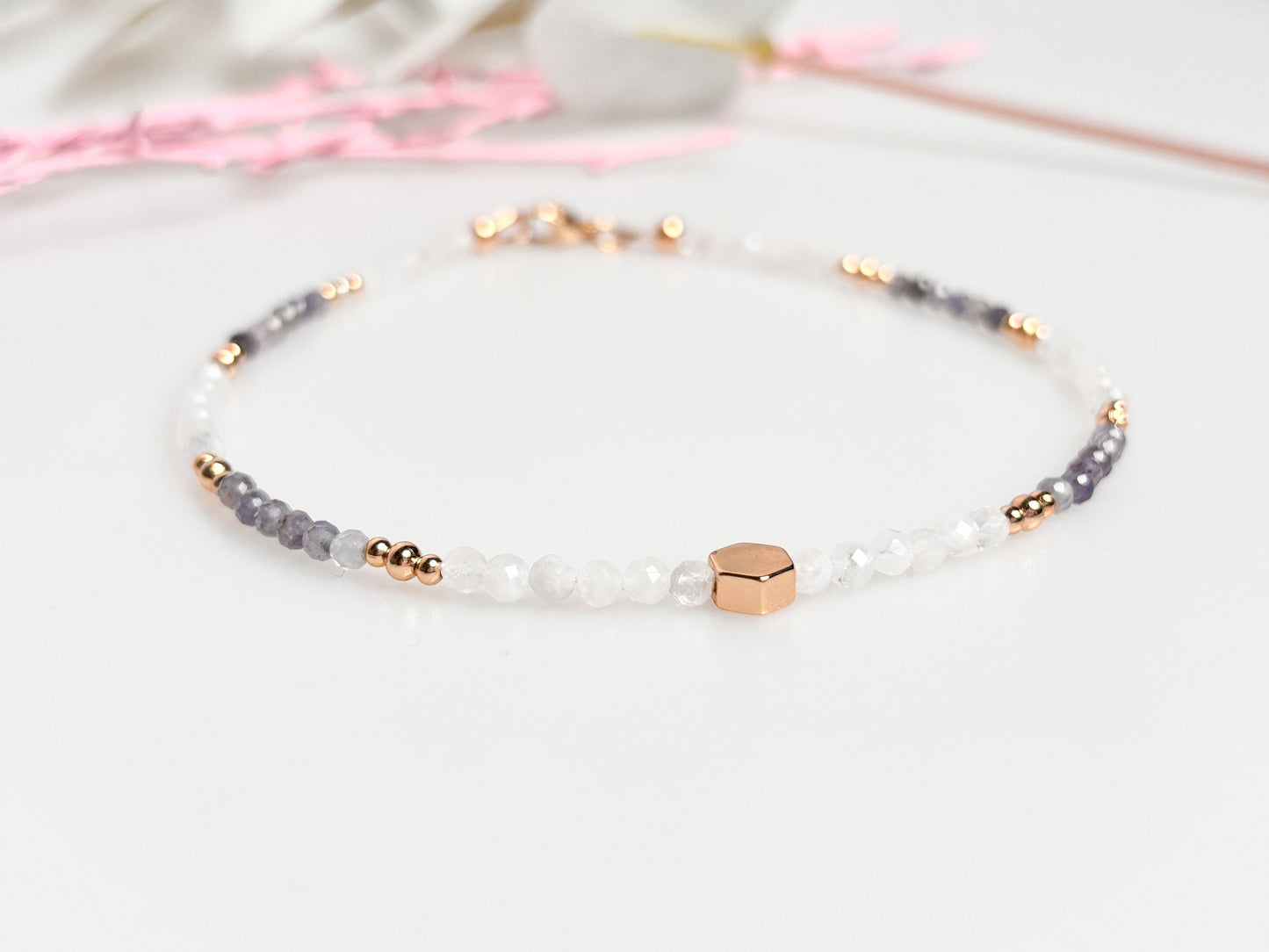 Anklet with moonstone and kyanite beads 3mm, gold clasp length 25 cm with extension chain 5cm