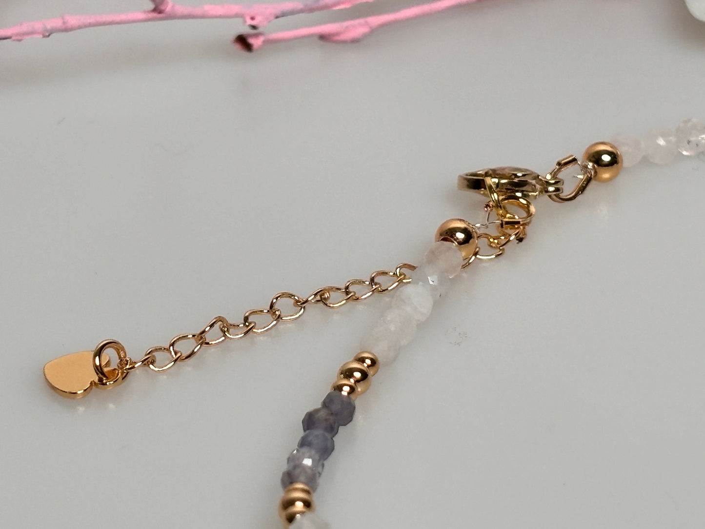 Anklet with moonstone and kyanite beads 3mm, gold clasp length 25 cm with extension chain 5cm