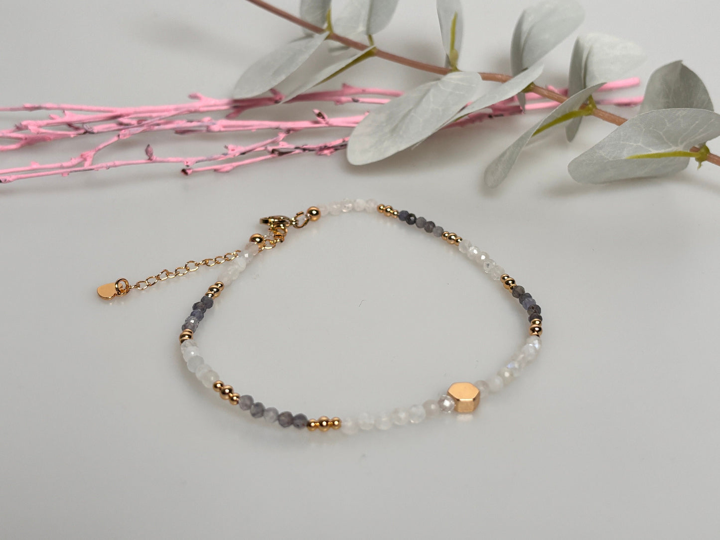 Anklet with moonstone and kyanite beads 3mm, gold clasp length 25 cm with extension chain 5cm
