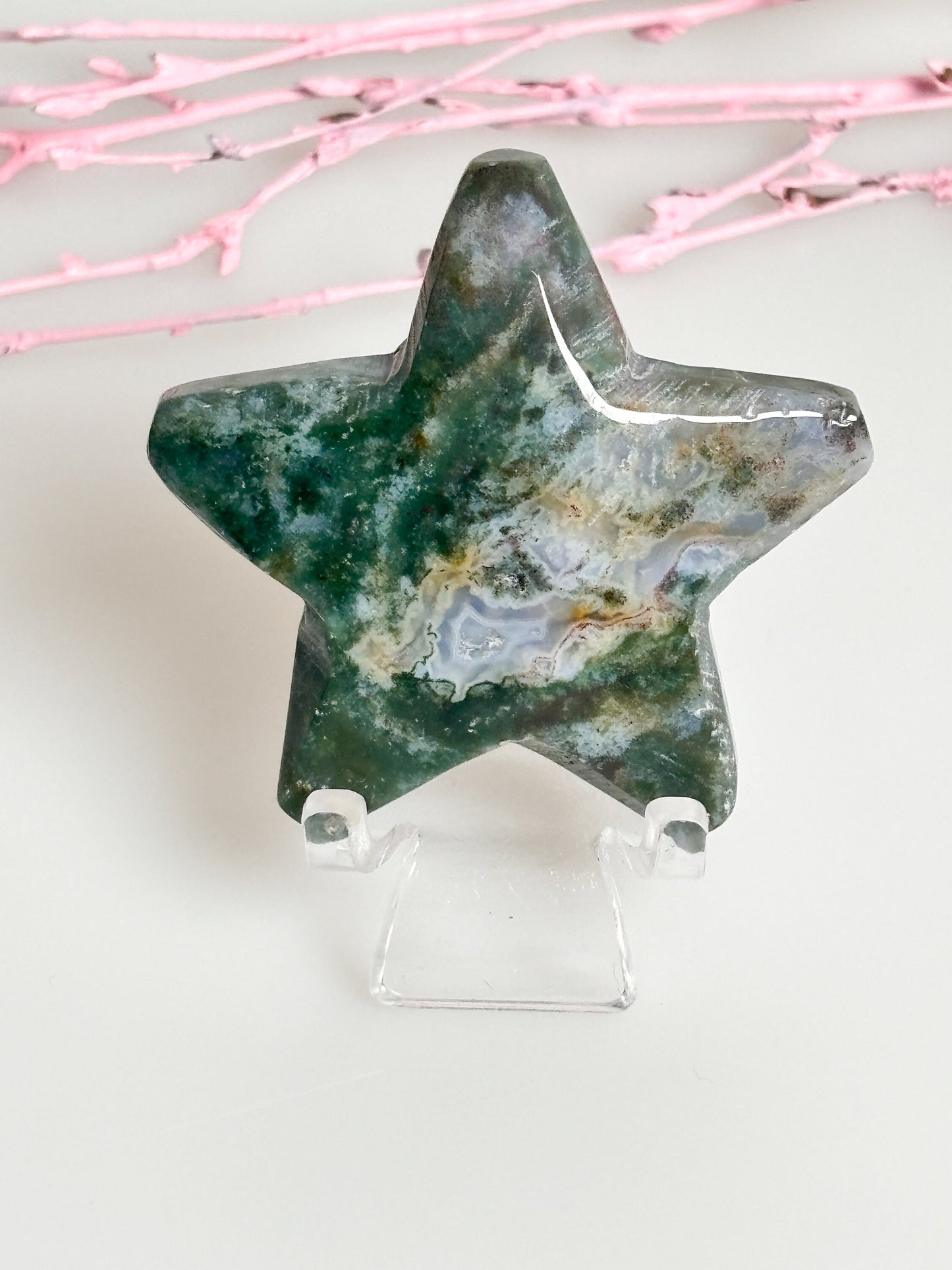Decorative Moss Agate Star, Gemstone Decoration Collector's Item, Unique Star Figure, Crystal Decoration
