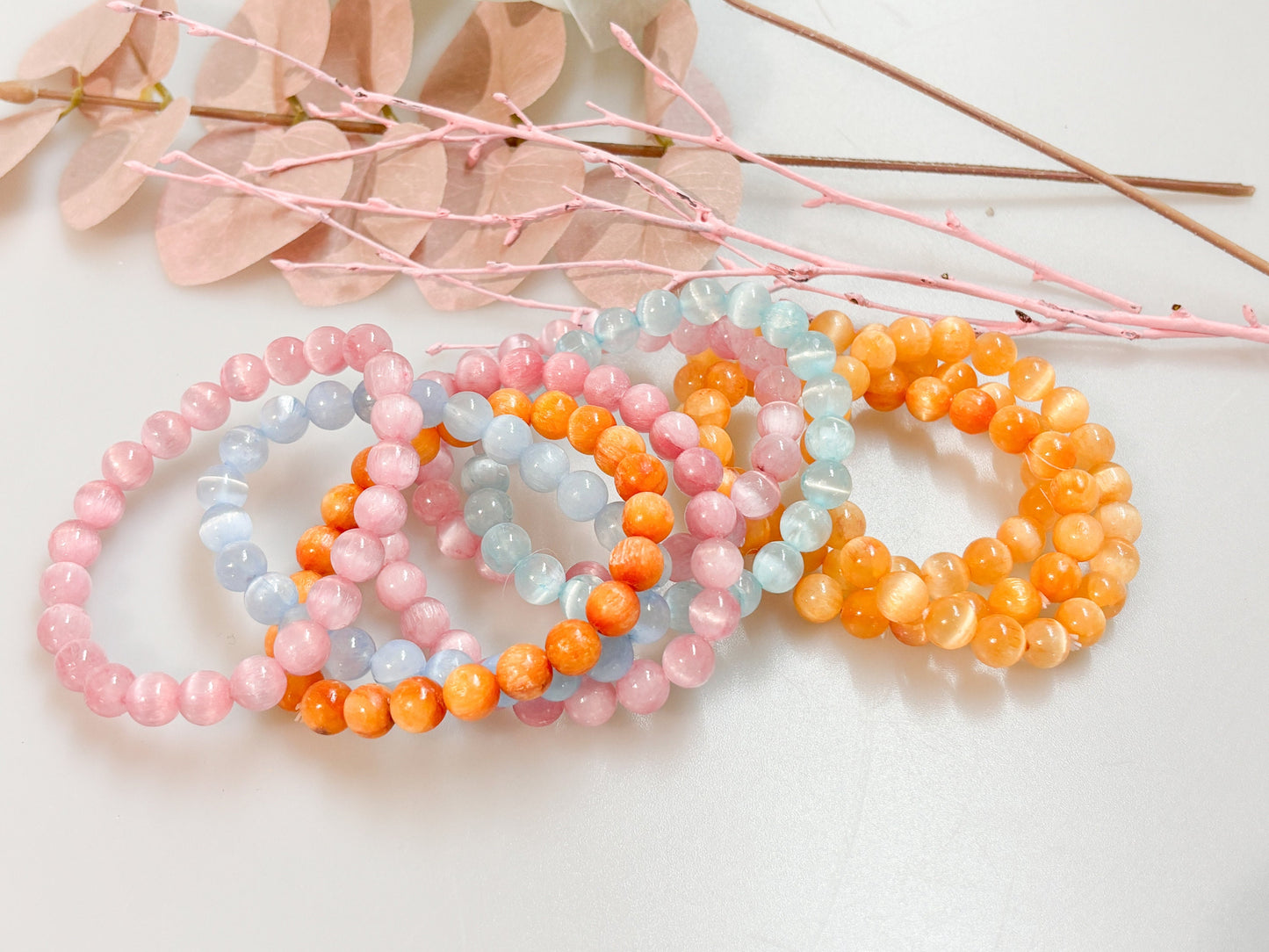 Elastic Selenite Bracelets 8mm | Summer Colors | Handmade Jewelry | Spiritual Energy | Gift Idea