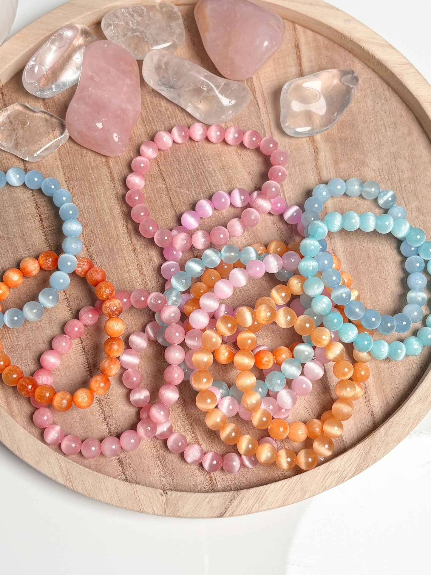 Elastic Selenite Bracelets 8mm | Summer Colors | Handmade Jewelry | Spiritual Energy | Gift Idea