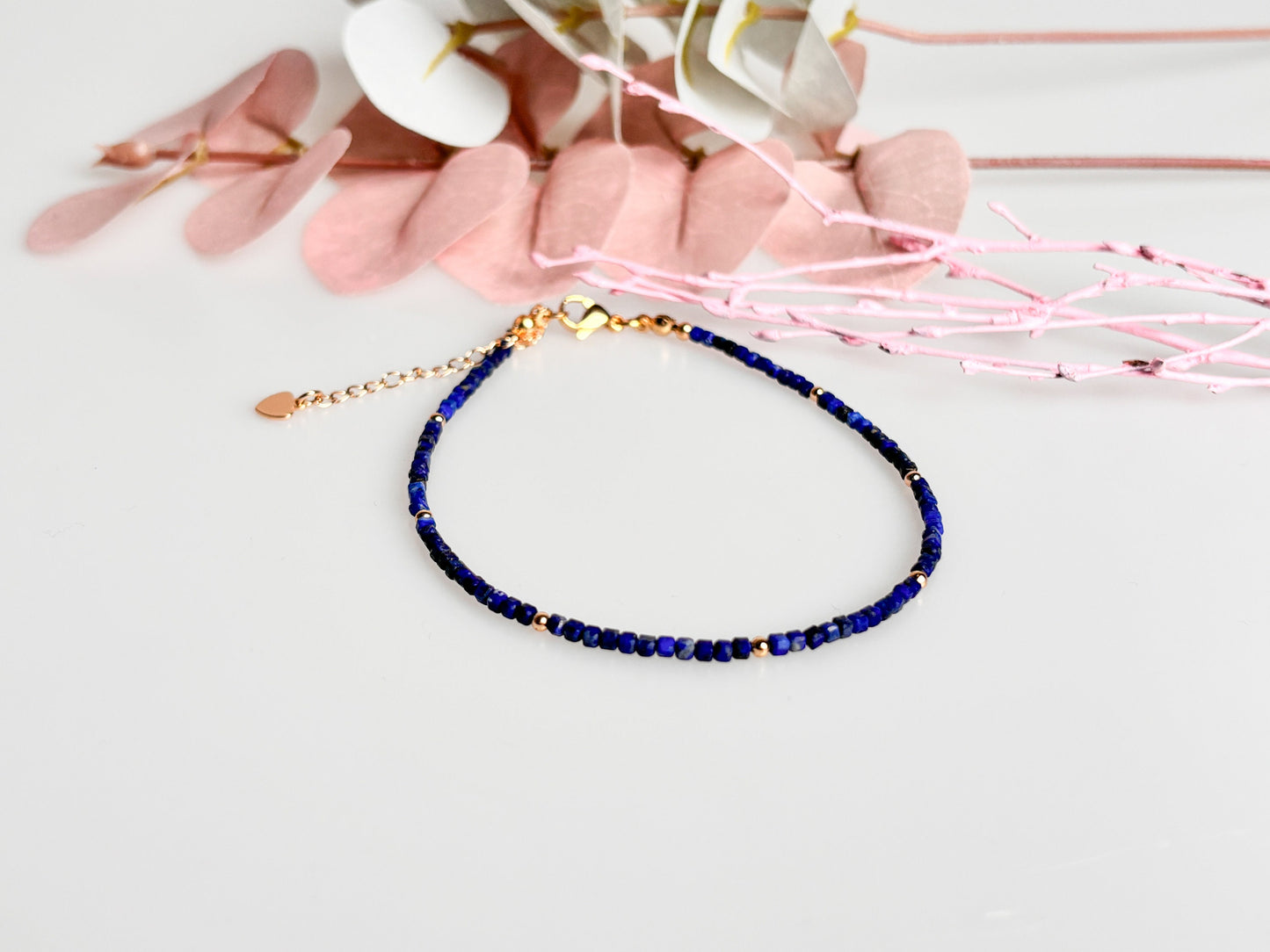 Delicate lapis lazuli bracelet or anklet with 2mm cube beads – handmade gemstone jewelry