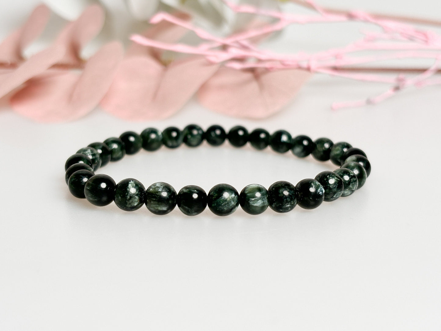 Premium Seraphinite bracelet, elastic, 6mm beads, spiritual energy, high quality gemstones, unique