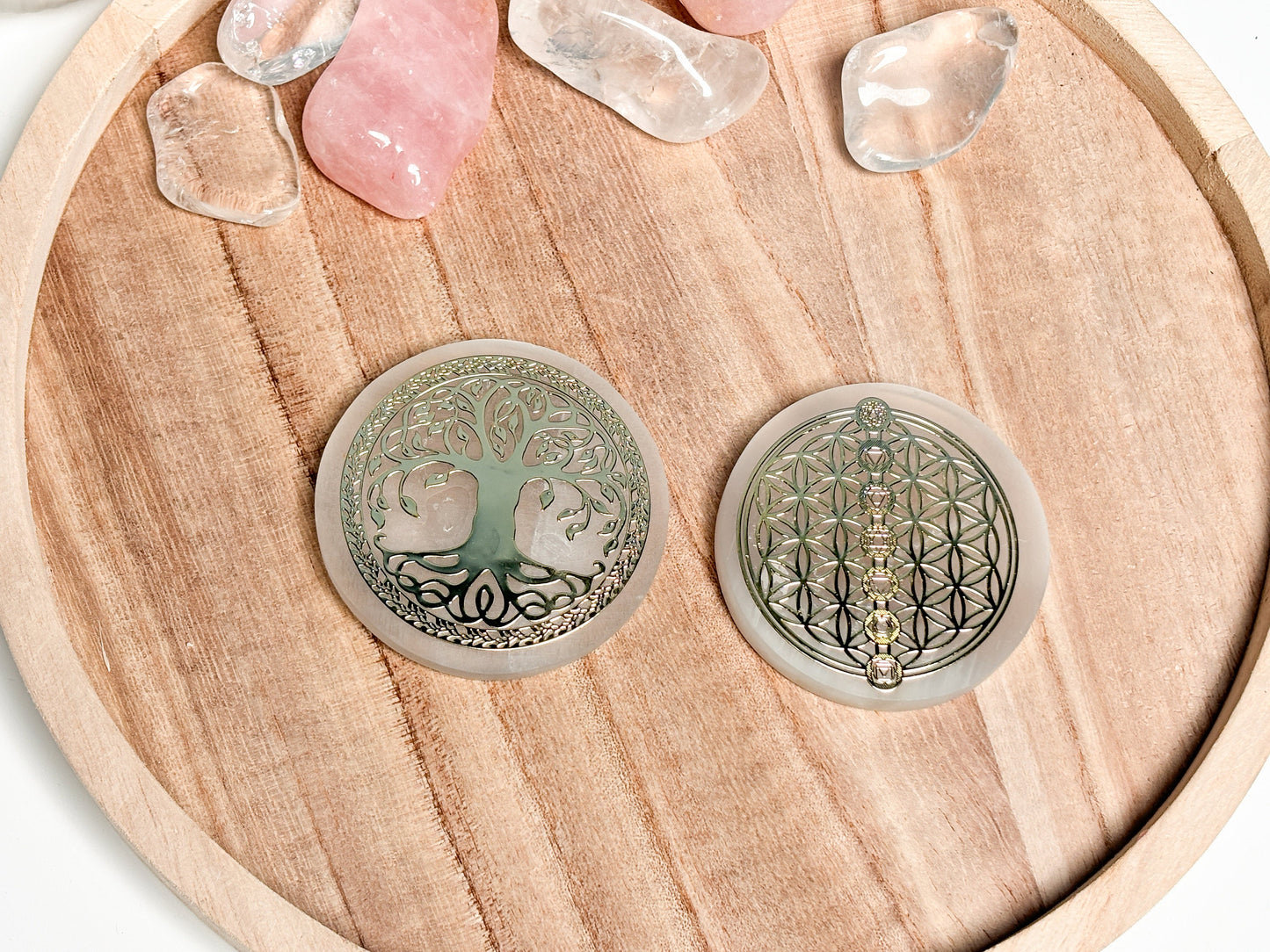 Selenite plates 8cm - Tree of Life & Flower of Life | Charge crystals | Decorative and spiritual | Etsy