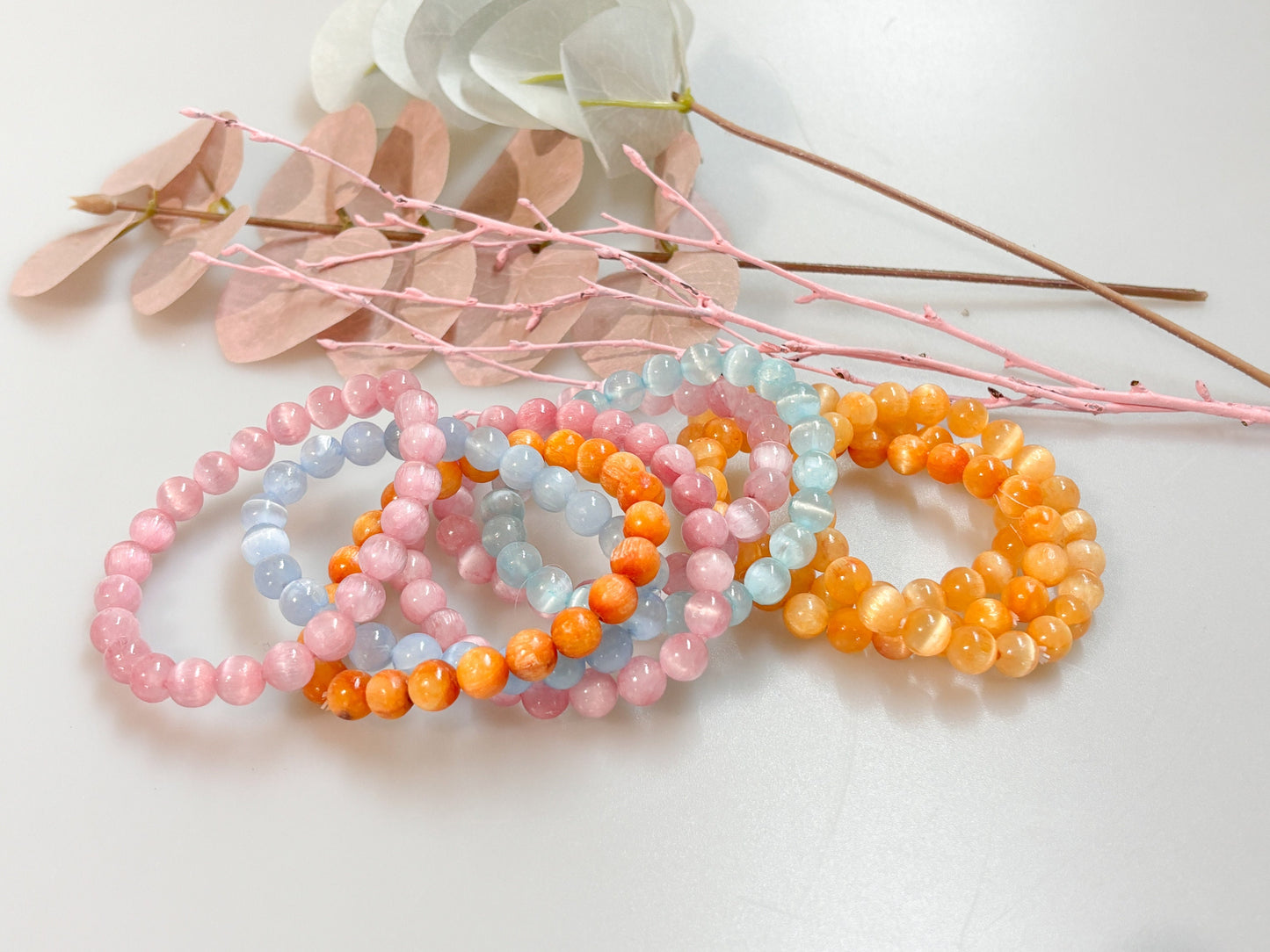Elastic Selenite Bracelets 8mm | Summer Colors | Handmade Jewelry | Spiritual Energy | Gift Idea