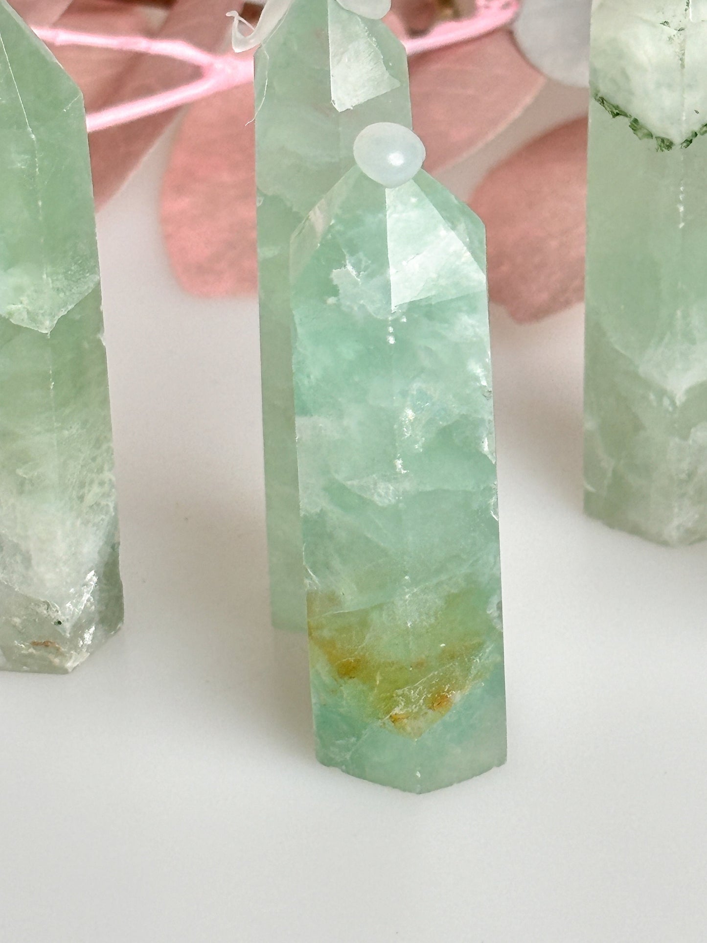 Small green fluorite towers, pretty and handy, for meditation and energy work – natural stone crystal for healing and decoration