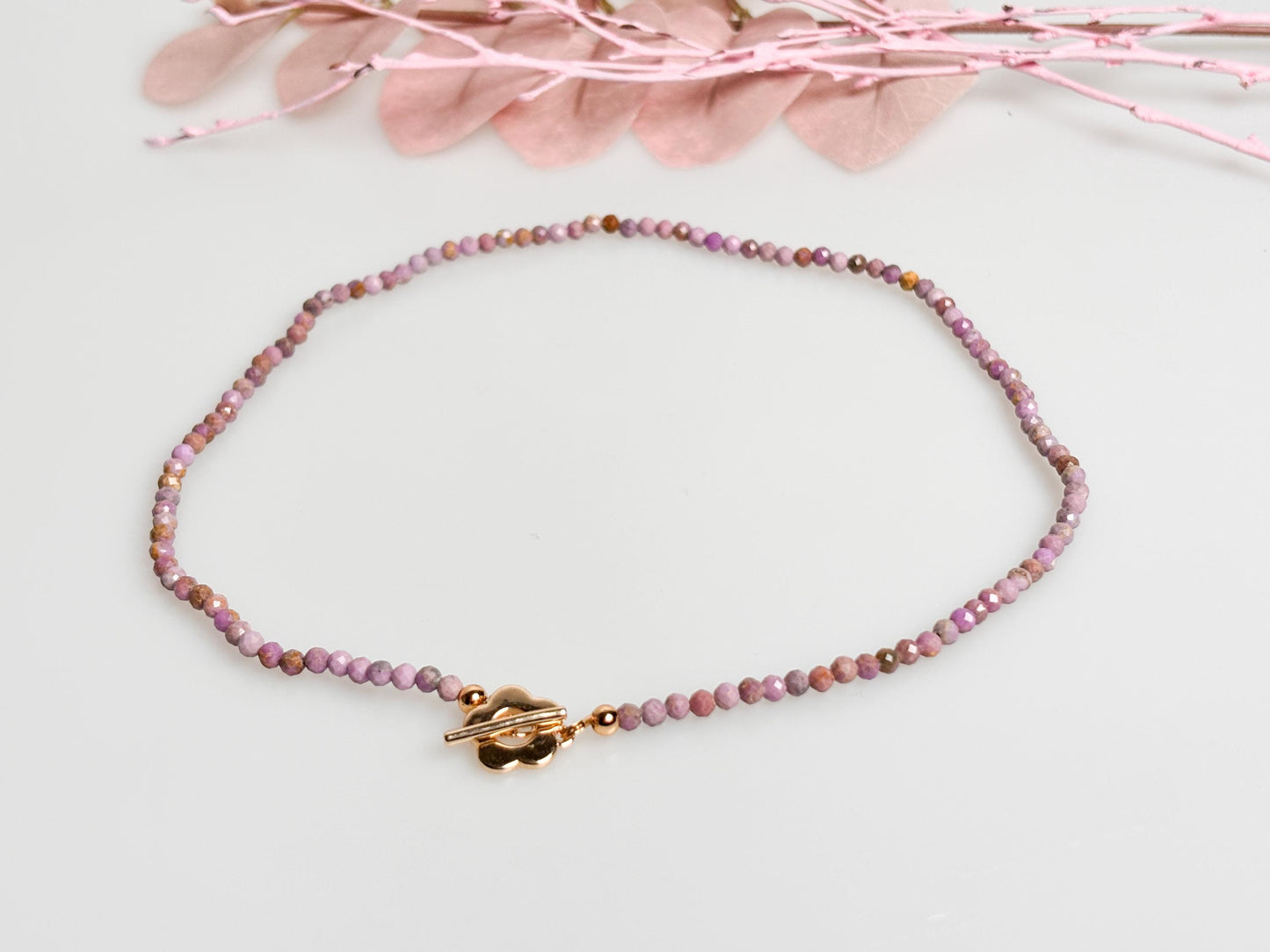 Delicate pearl necklace made of faceted 3.5mm phosphorsiderite beads with toggle clasp