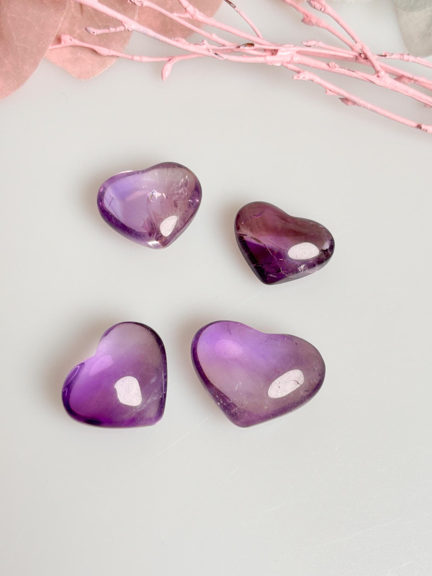 Very transparent premium amethyst hearts with rainbows - noble crystal hearts for decoration and healing, gift idea