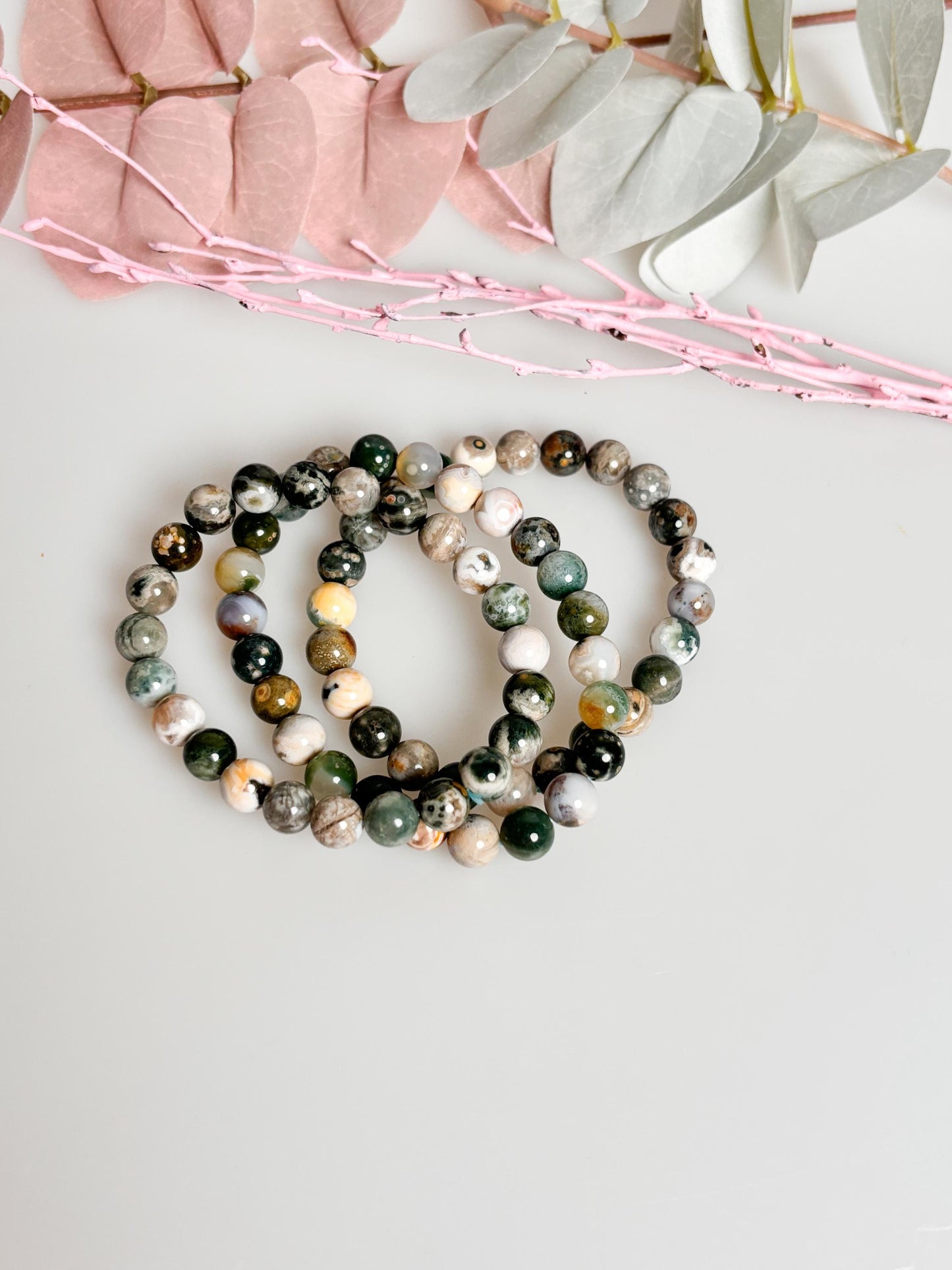 Elastic pearl bracelet with 8 mm moss agate - natural gemstone jewelry|grounding|healing stone