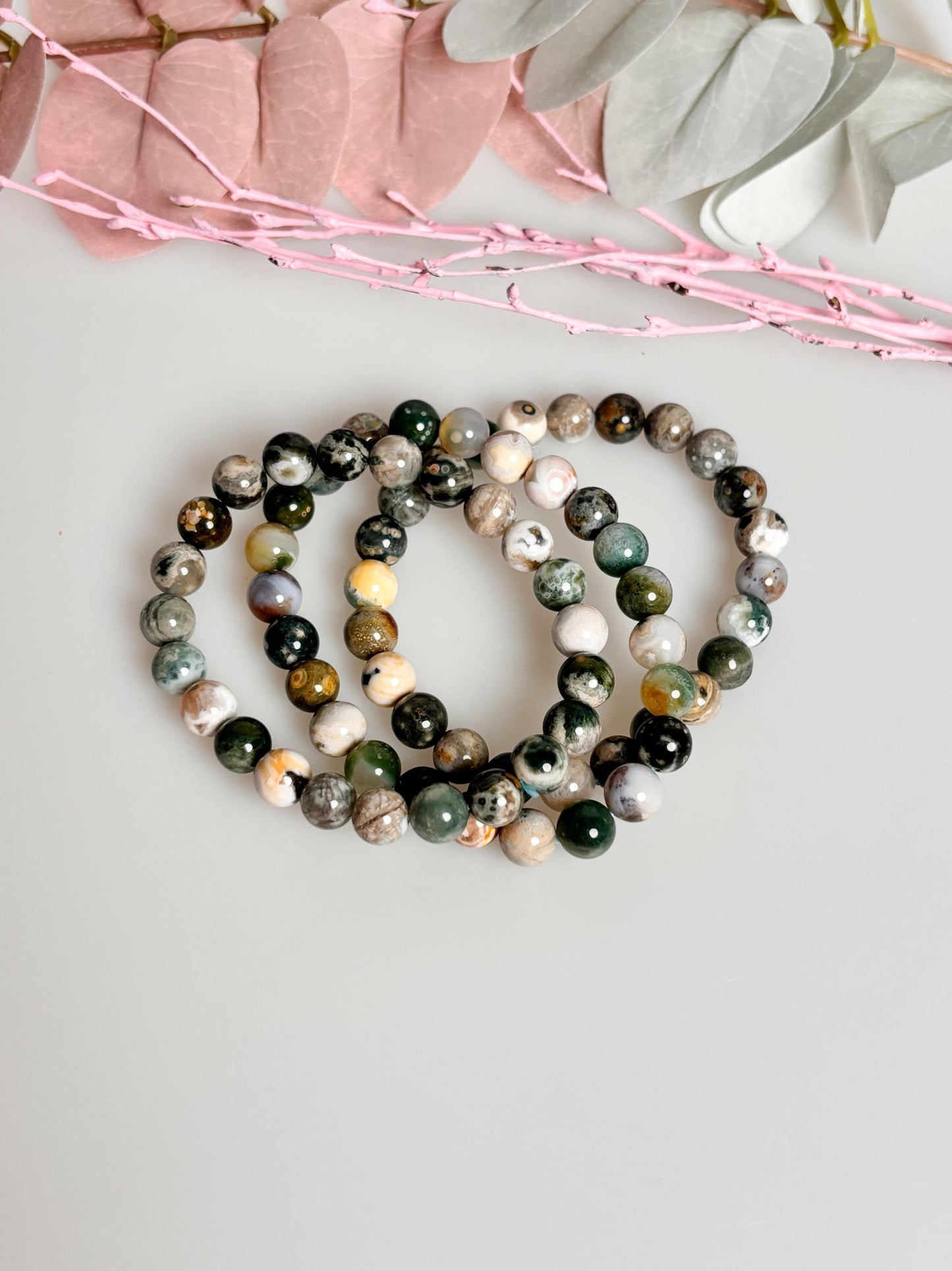 Elastic pearl bracelet with 8 mm moss agate - natural gemstone jewelry|grounding|healing stone