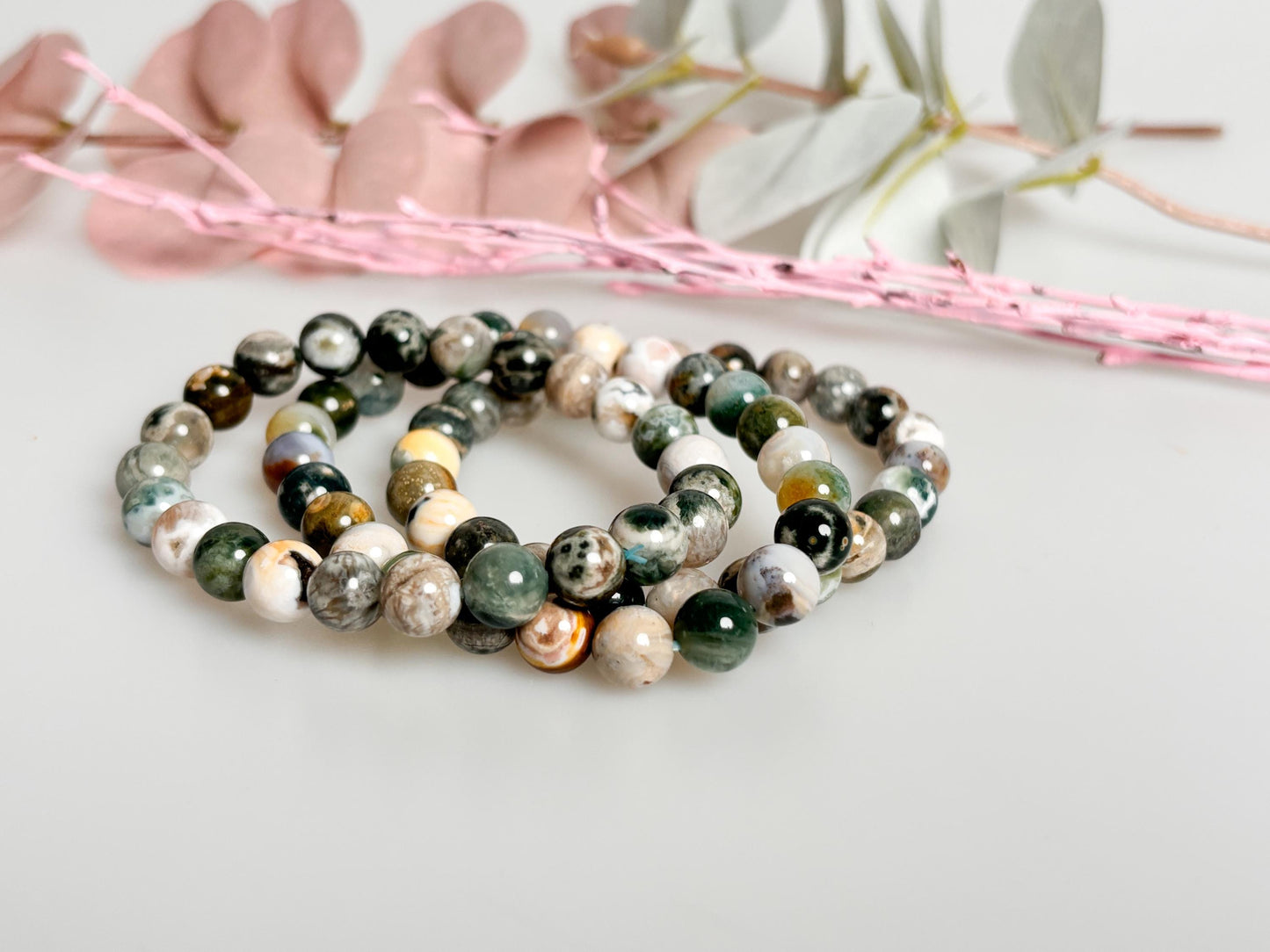 Elastic pearl bracelet with 8 mm moss agate - natural gemstone jewelry|grounding|healing stone