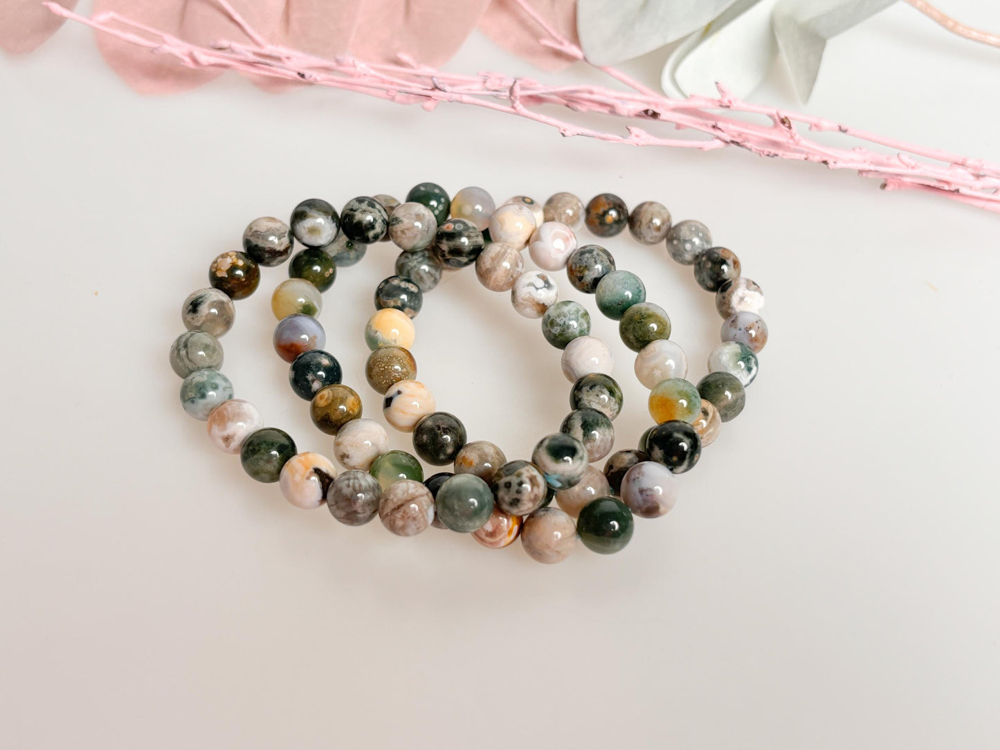 Elastic pearl bracelet with 8 mm moss agate - natural gemstone jewelry|grounding|healing stone