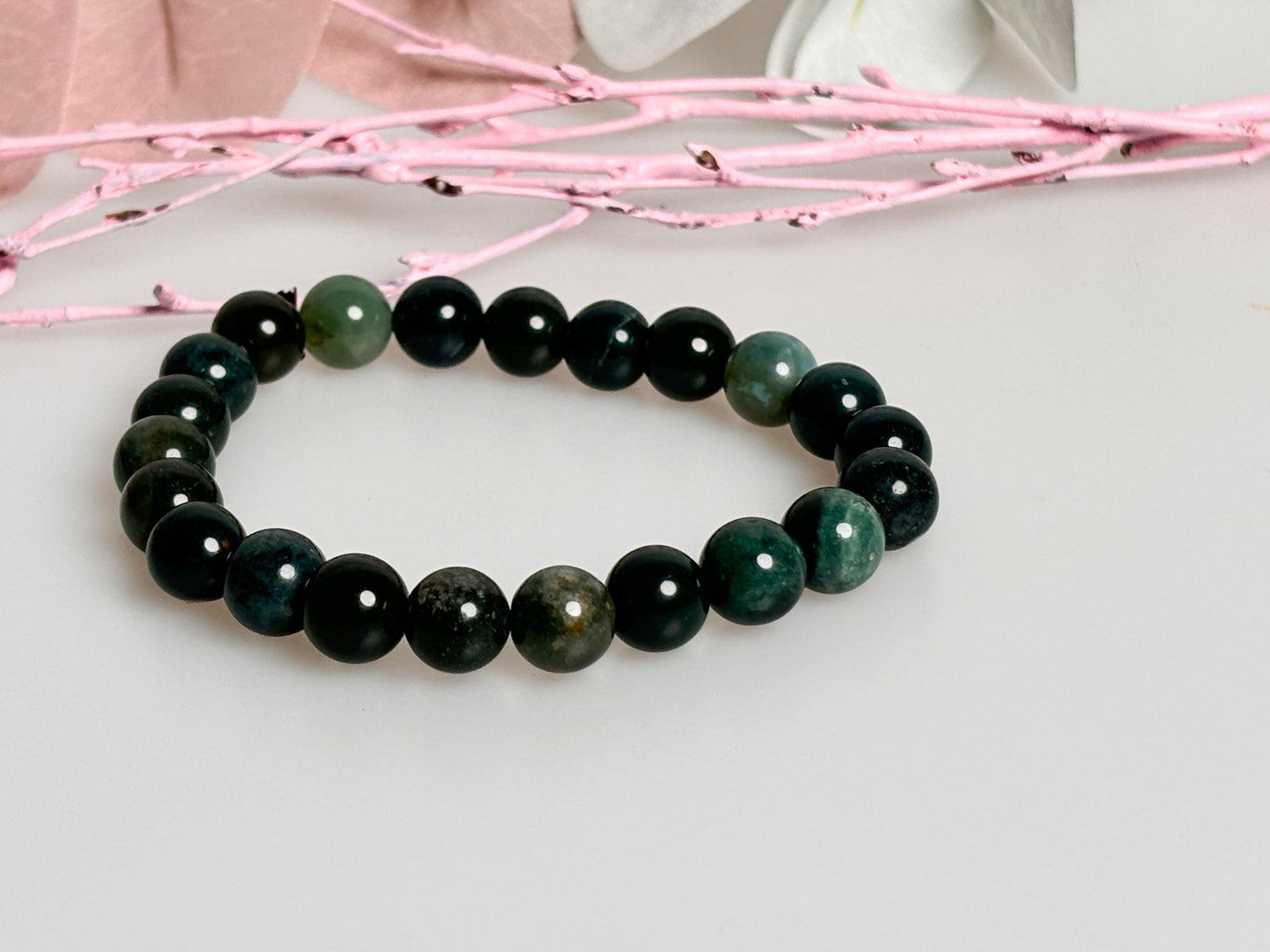 Elastic moss agate bracelet 8mm | Natural stone jewelry for balance & harmony | Handmade spiritual accessory
