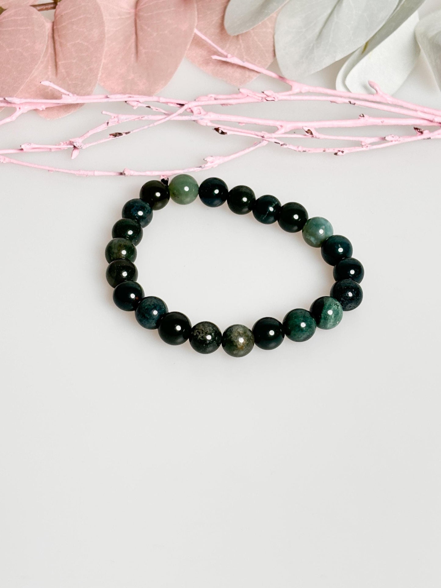 Elastic moss agate bracelet 8mm | Natural stone jewelry for balance & harmony | Handmade spiritual accessory