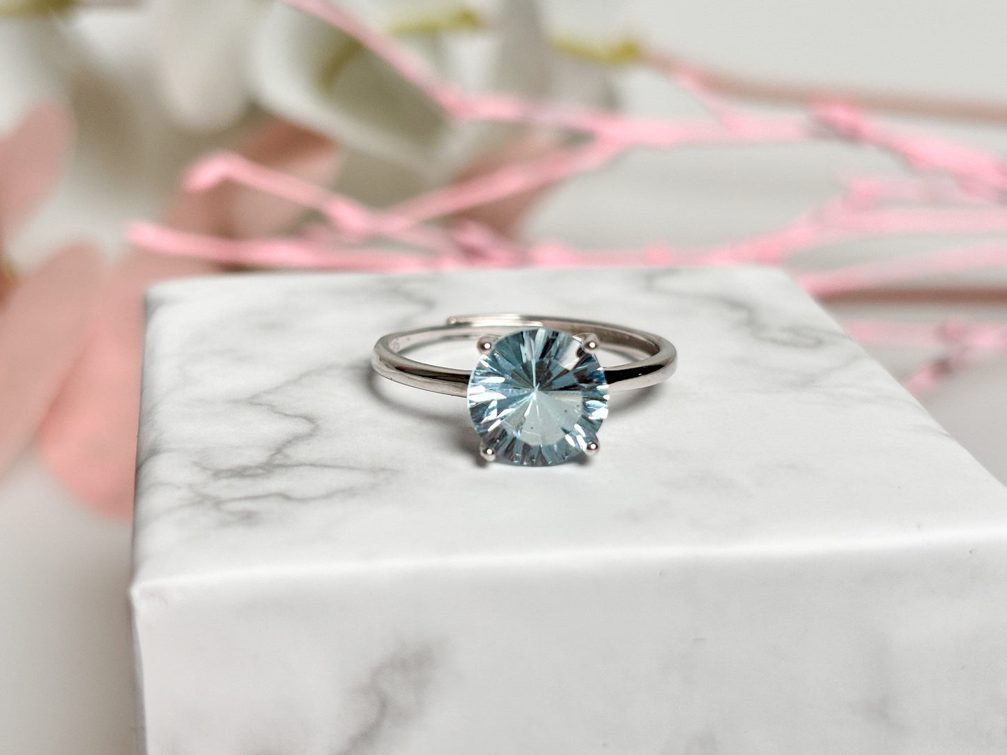 Blue Topaz 925 silver ring with faceted stone, adjustable size - statement ring|engagement ring|statement ring