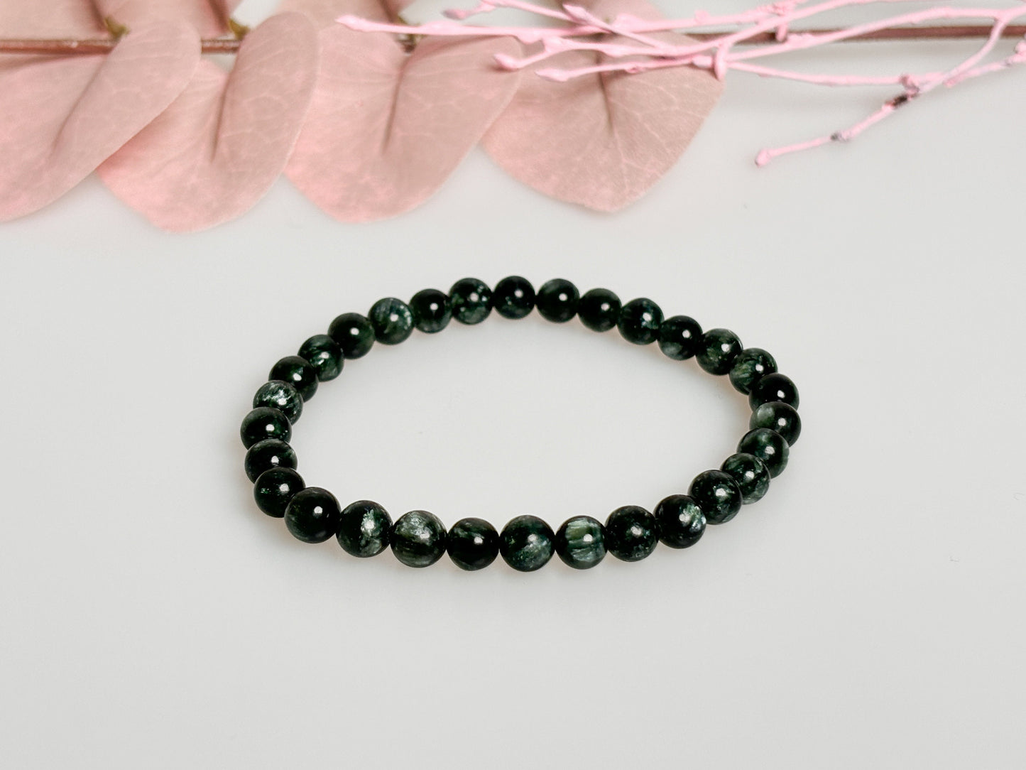 Premium Seraphinite bracelet, elastic, 6mm beads, spiritual energy, high quality gemstones, unique