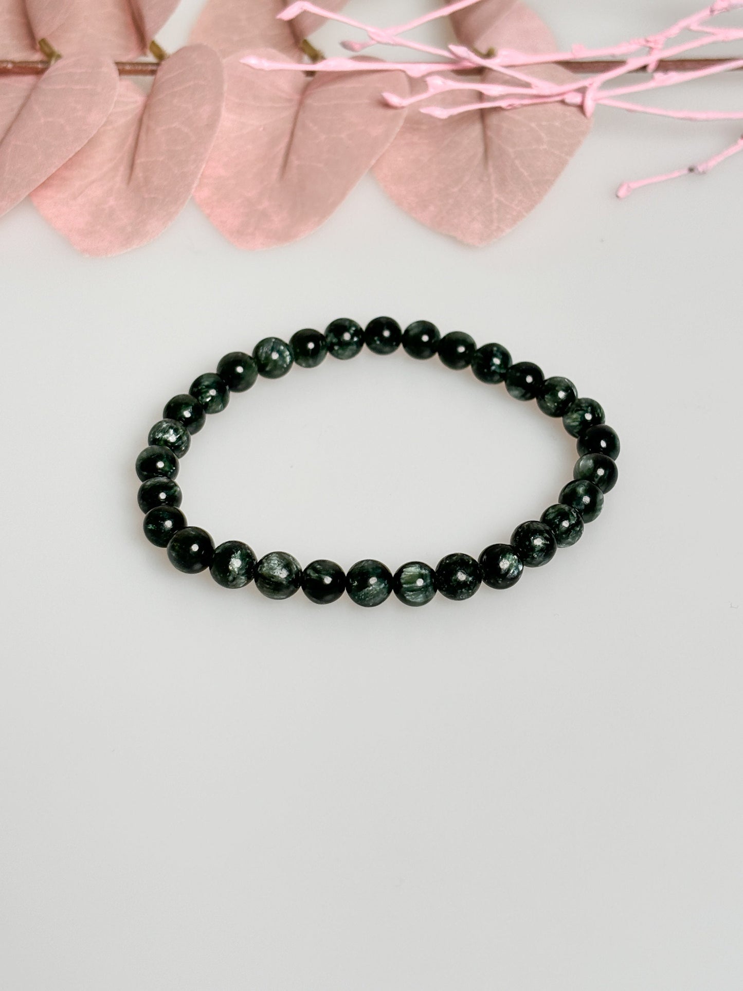 Premium Seraphinite bracelet, elastic, 6mm beads, spiritual energy, high quality gemstones, unique