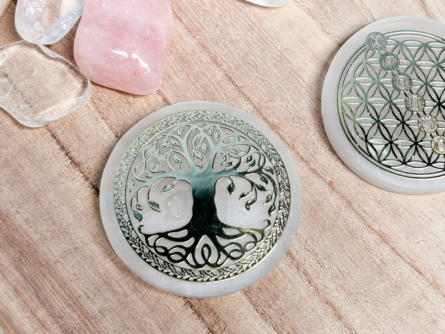 Selenite plates 8cm - Tree of Life & Flower of Life | Charge crystals | Decorative and spiritual | Etsy
