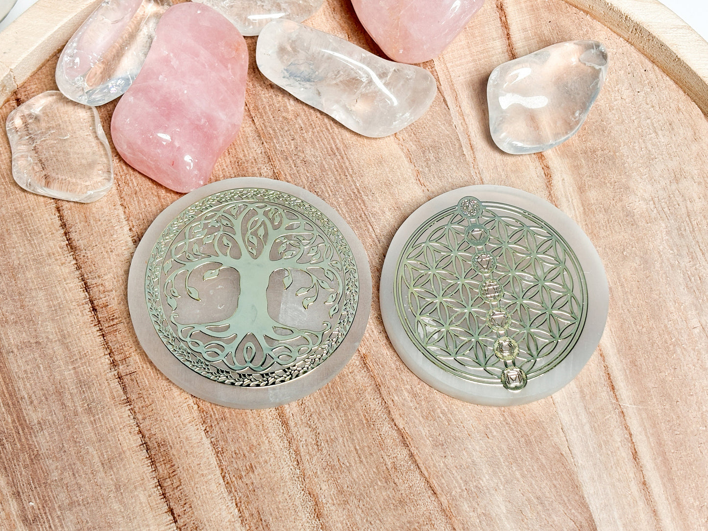 Selenite plates 8cm - Tree of Life & Flower of Life | Charge crystals | Decorative and spiritual | Etsy