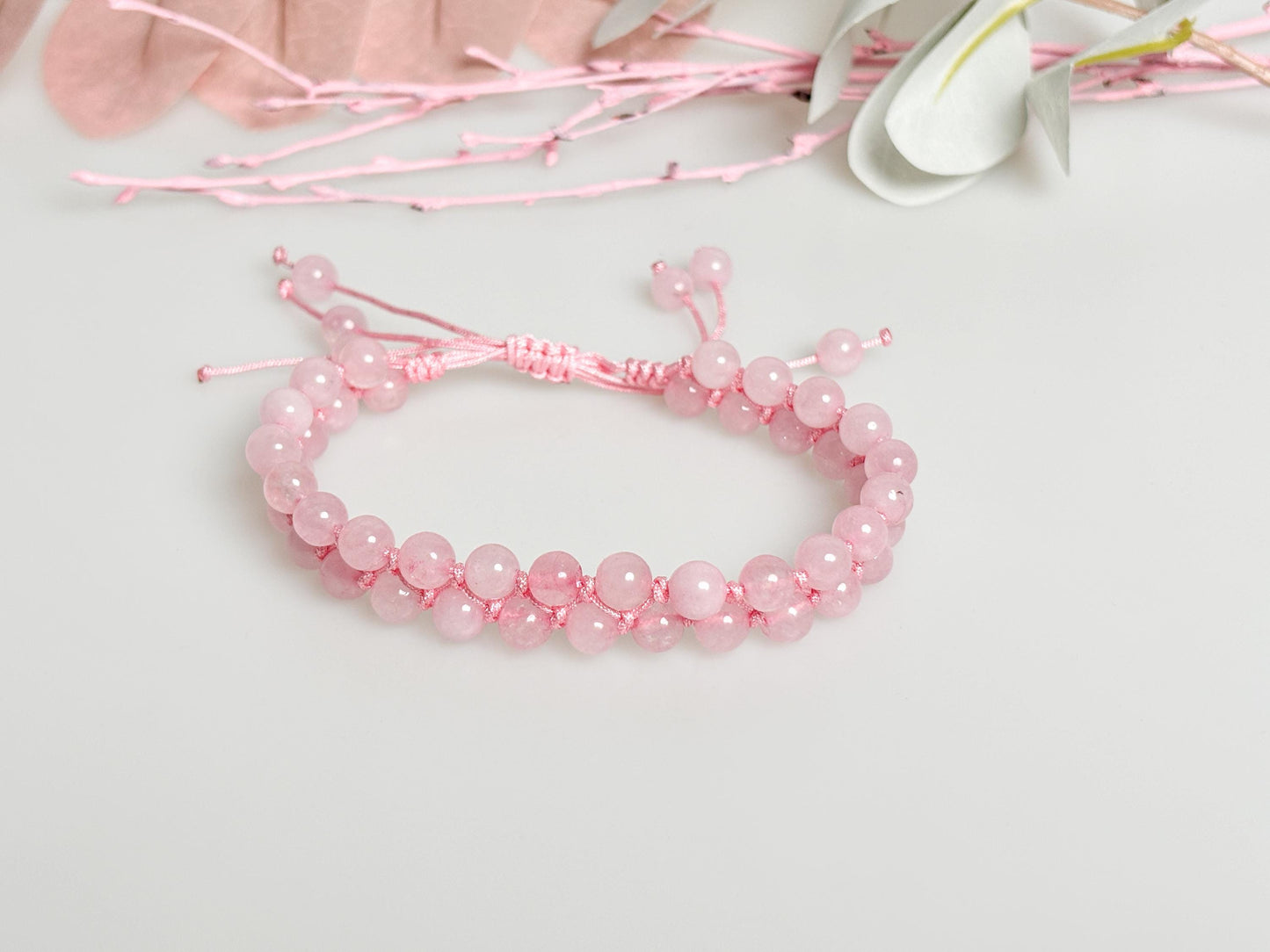 Rose Quartz Macrame Bracelet – Adjustable Size, 6mm Beads, Handmade Jewelry