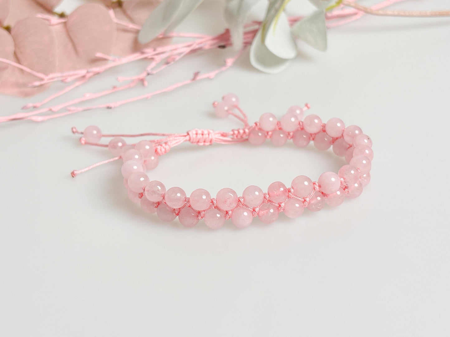Rose Quartz Macrame Bracelet – Adjustable Size, 6mm Beads, Handmade Jewelry
