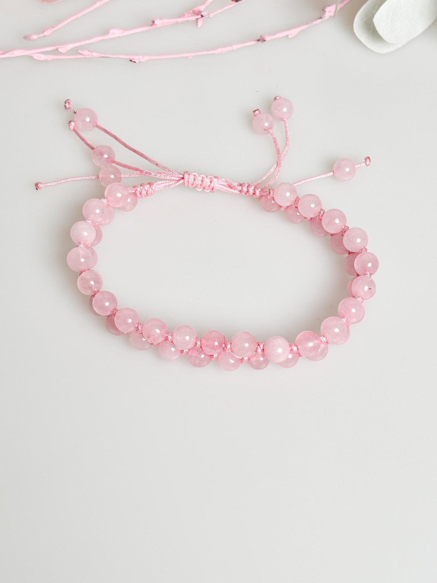 Rose Quartz Macrame Bracelet – Adjustable Size, 6mm Beads, Handmade Jewelry