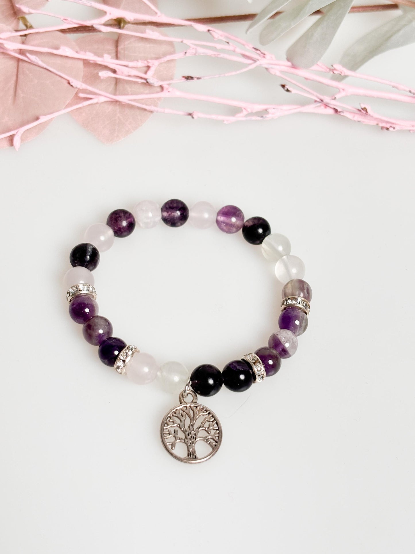 Elastic pearl bracelet 8mm: Amethyst, Fluorite & Rock Crystal – Handmade Chakra Jewelry, Healing Stones, Boho Style