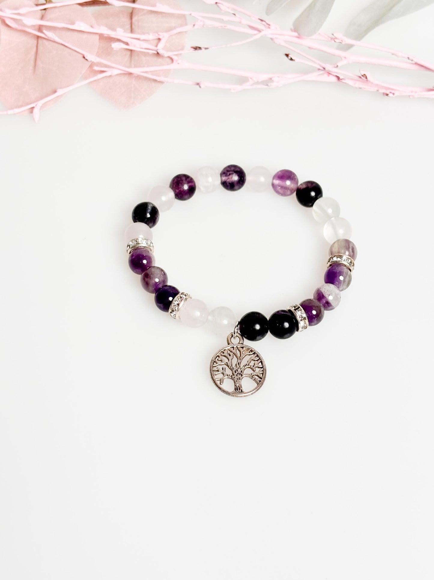 Elastic pearl bracelet 8mm: Amethyst, Fluorite & Rock Crystal – Handmade Chakra Jewelry, Healing Stones, Boho Style
