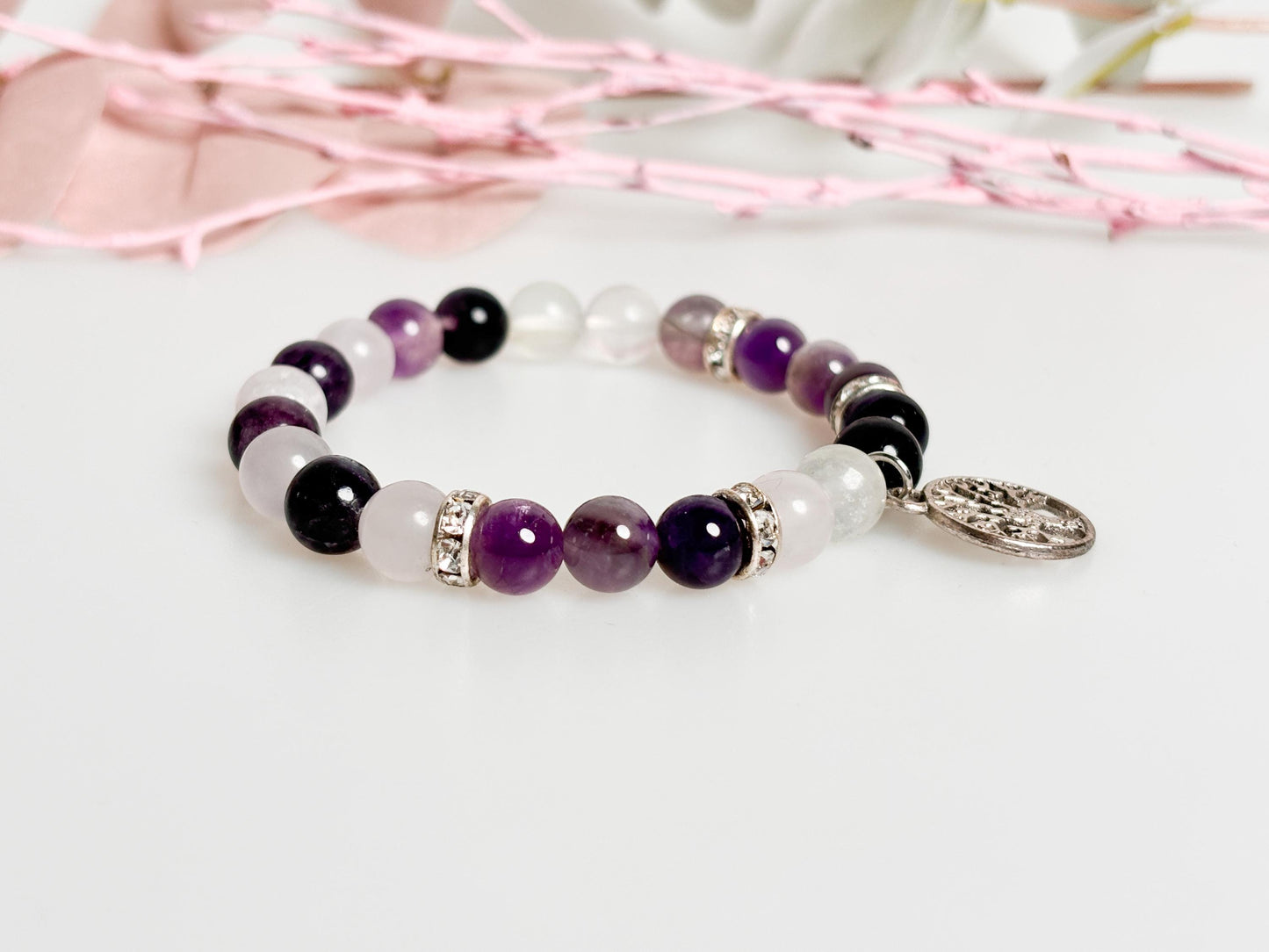 Elastic pearl bracelet 8mm: Amethyst, Fluorite & Rock Crystal – Handmade Chakra Jewelry, Healing Stones, Boho Style