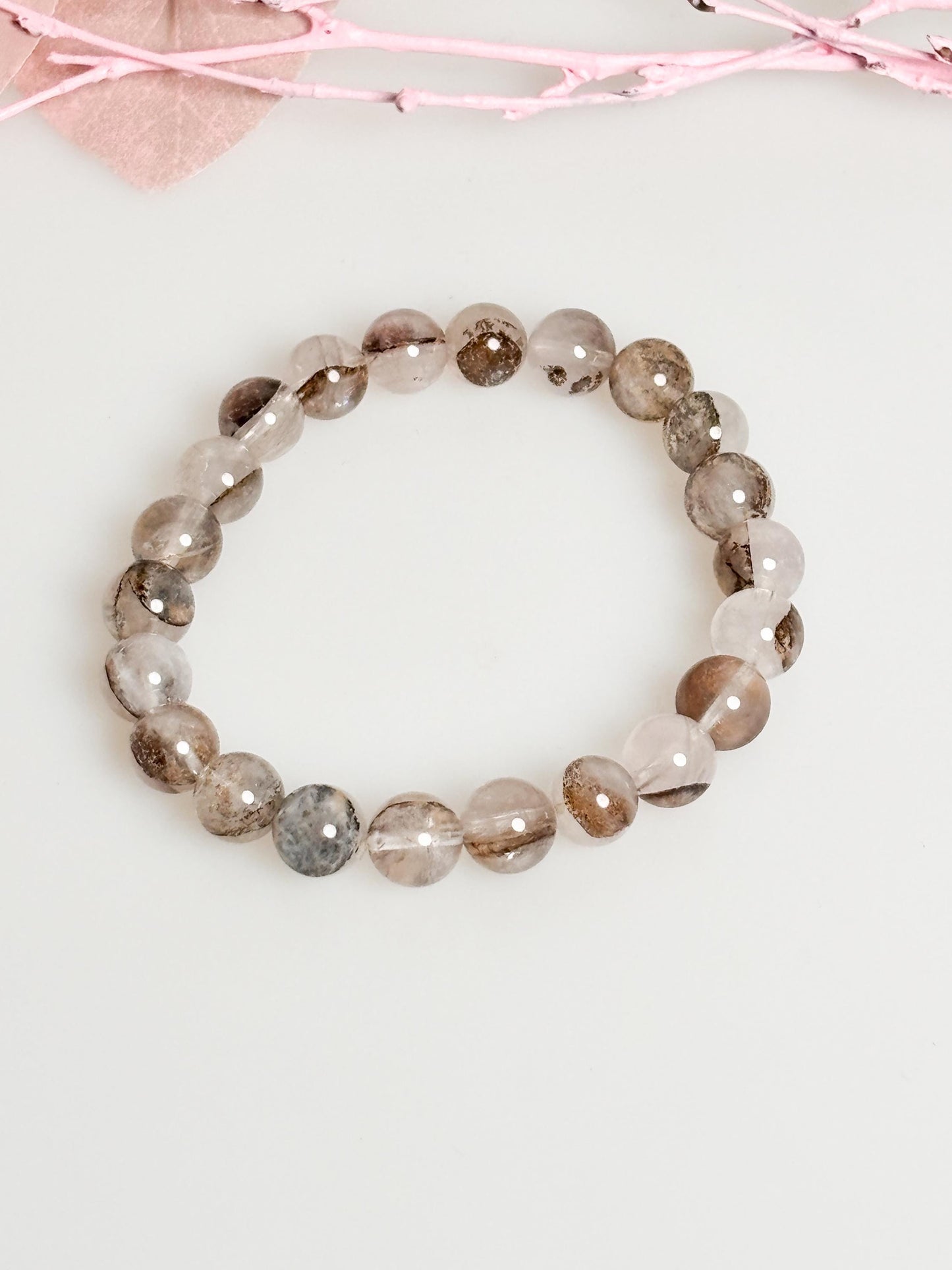 Elastic garden quartz bracelet 8mm | 17cm length | Natural tones in grey & brown | Handmade | Gemstone jewelry