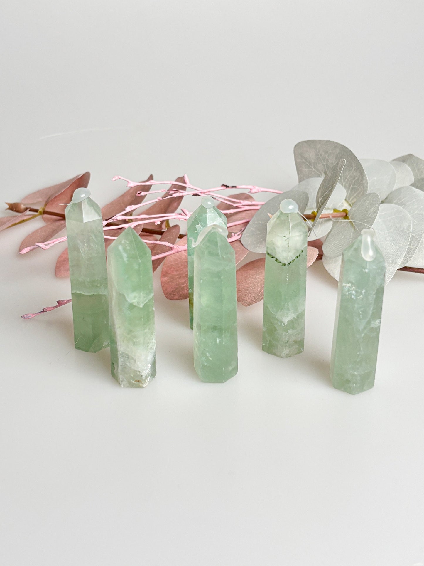 Small green fluorite towers, pretty and handy, for meditation and energy work – natural stone crystal for healing and decoration