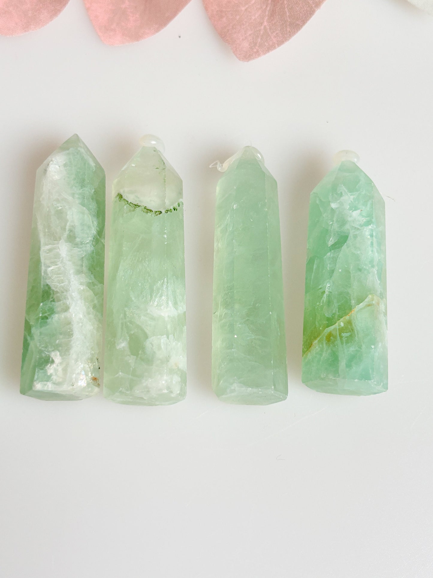 Small green fluorite towers, pretty and handy, for meditation and energy work – natural stone crystal for healing and decoration