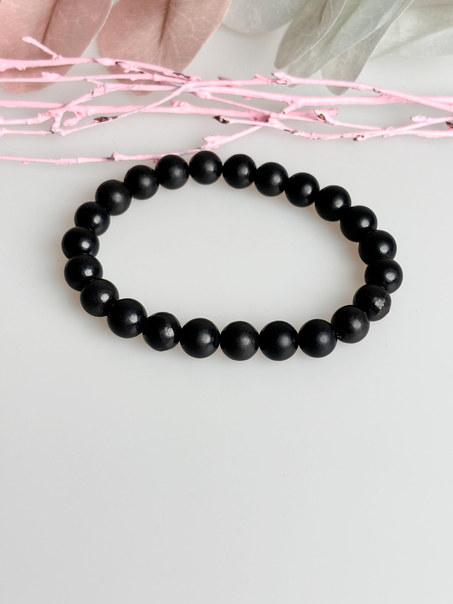 Elastic Shungite Pearl Bracelet, 8mm Beads, 18cm Length, Protective Healing Stone for Energy & Balance, Handmade