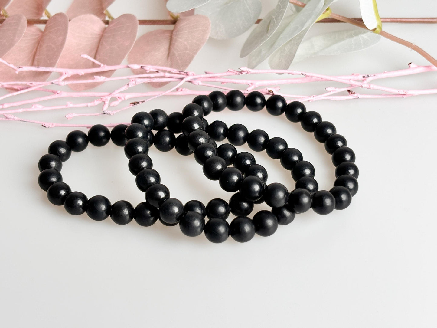Elastic Shungite Pearl Bracelet, 8mm Beads, 18cm Length, Protective Healing Stone for Energy & Balance, Handmade