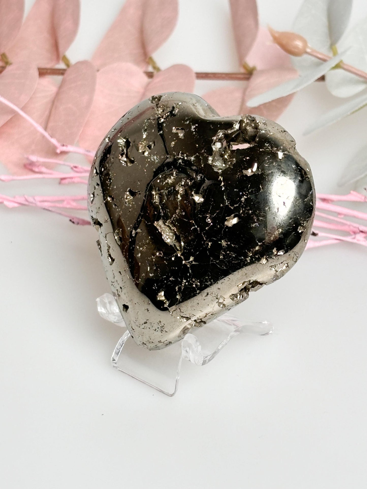 Shiny pyrite heart large for decoration, with impressive druses and unique shine - perfect for stylish accents