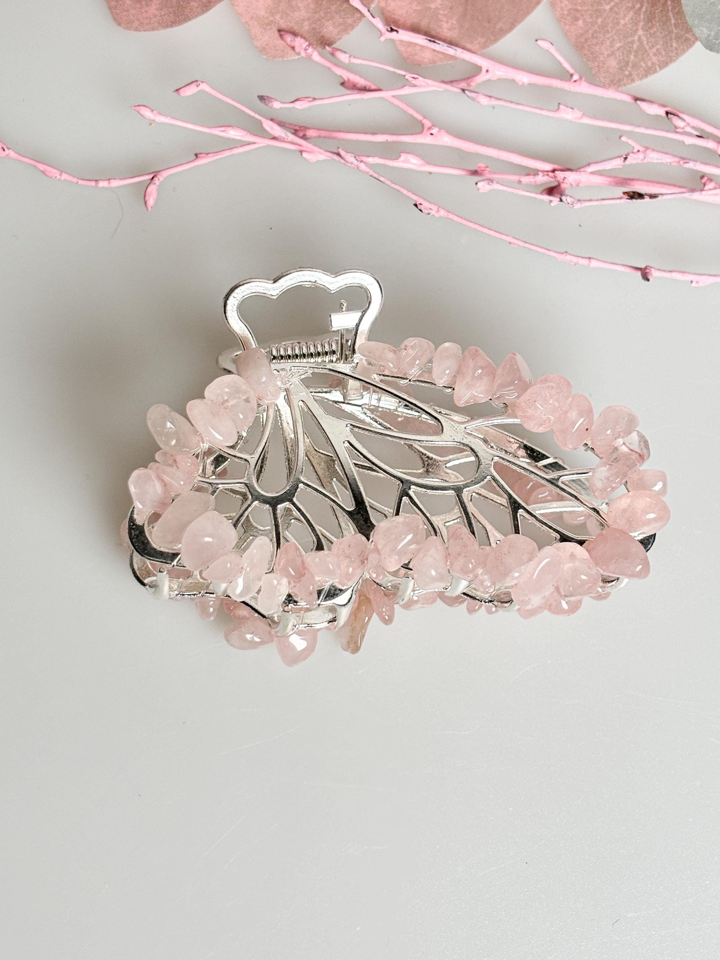 Elegant butterfly hair clip made of silver with rose quartz chips – beautiful piece of jewelry for stylish looks