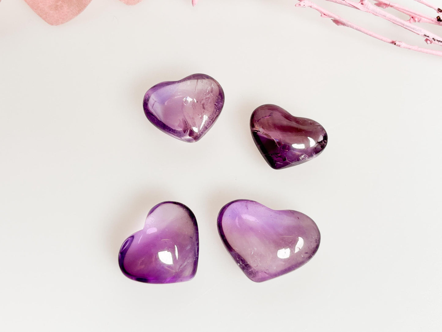 Very transparent premium amethyst hearts with rainbows - noble crystal hearts for decoration and healing, gift idea