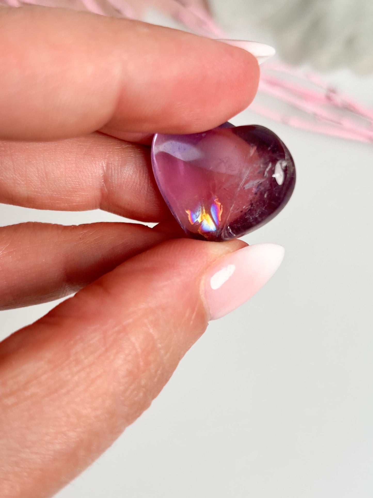 Very transparent premium amethyst hearts with rainbows - noble crystal hearts for decoration and healing, gift idea