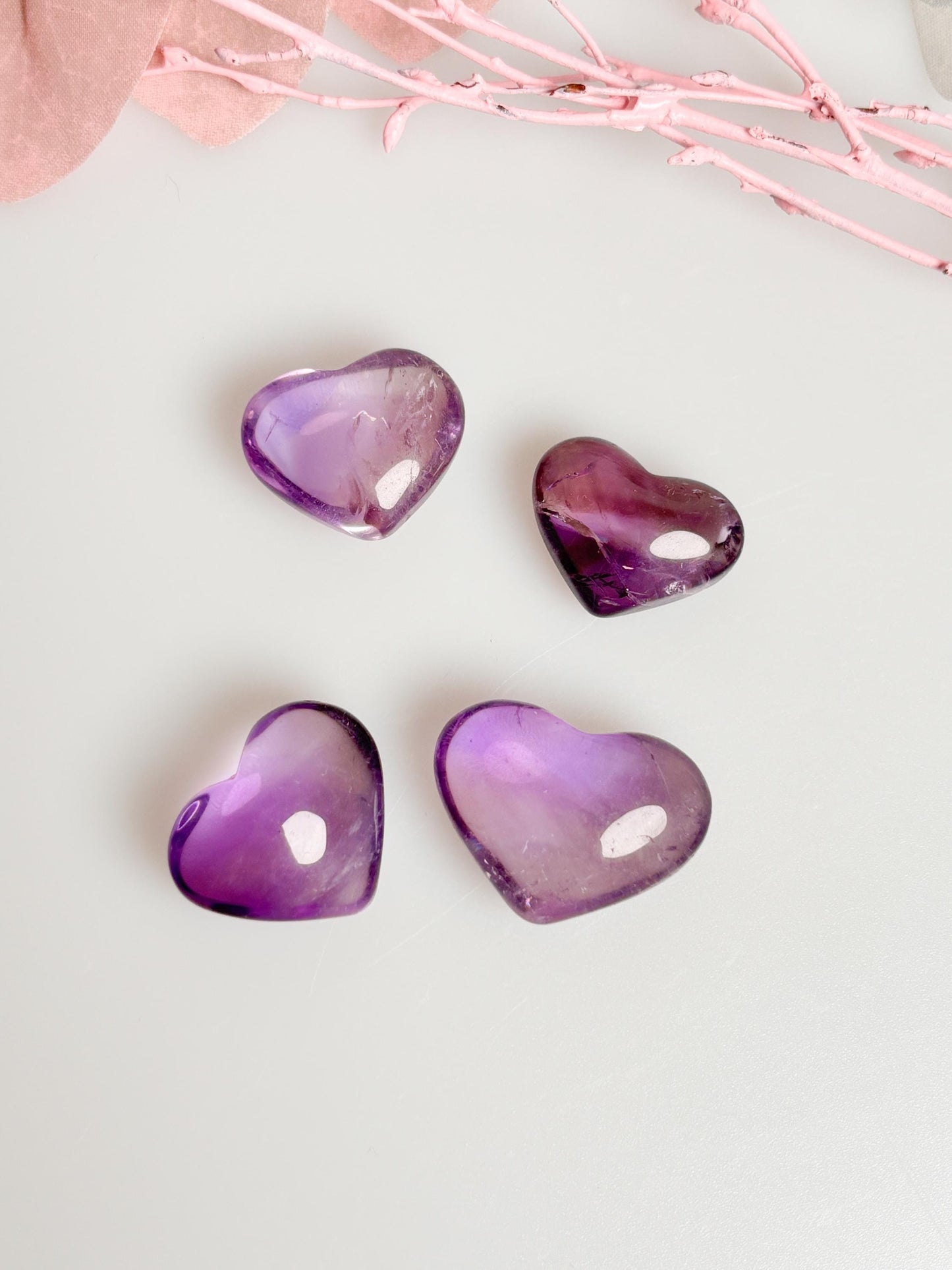 Very transparent premium amethyst hearts with rainbows - noble crystal hearts for decoration and healing, gift idea